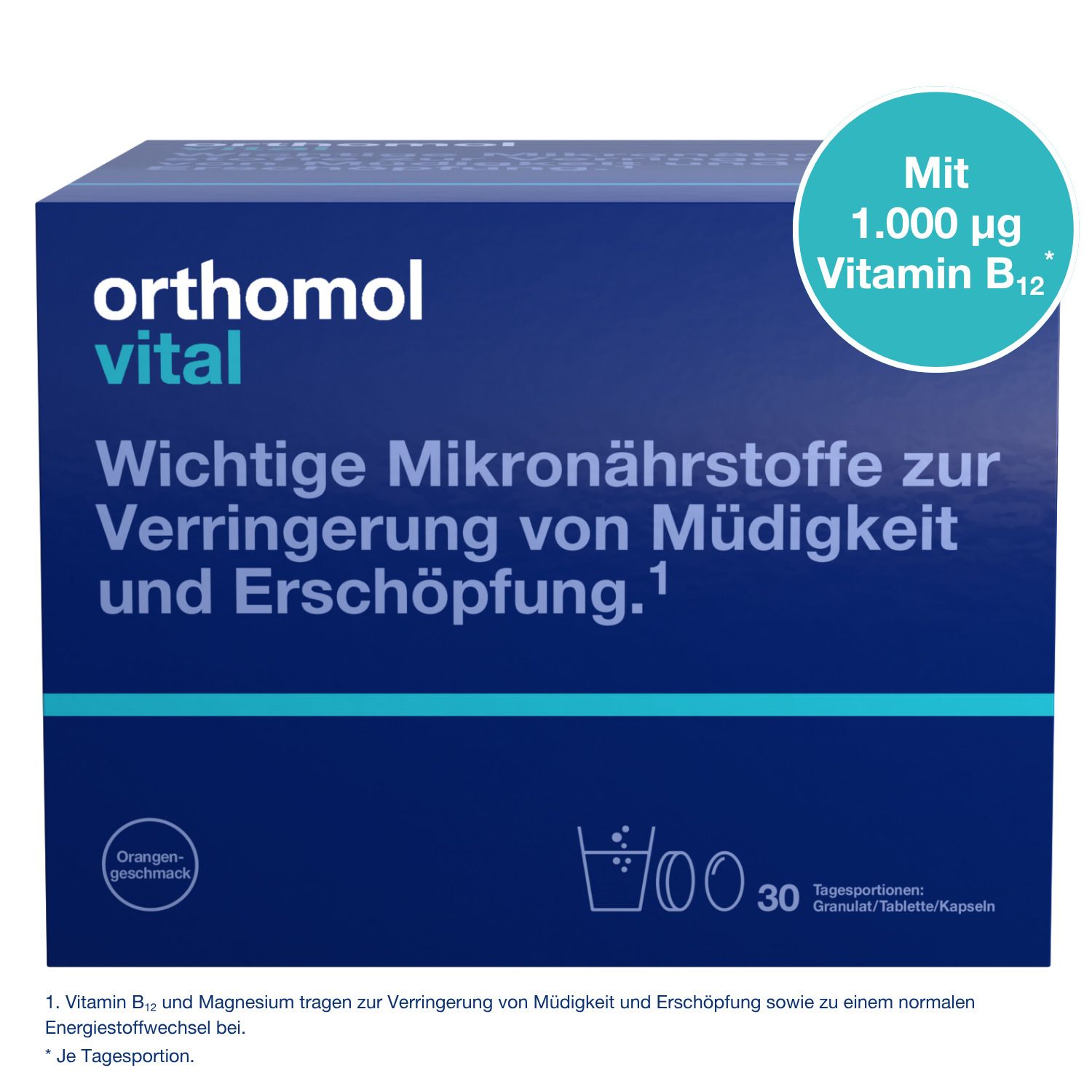 Orthomol Vital Packung mit wichtigen Mikronährstoffen zur Verringerung von Müdigkeit und Erschöpfung.