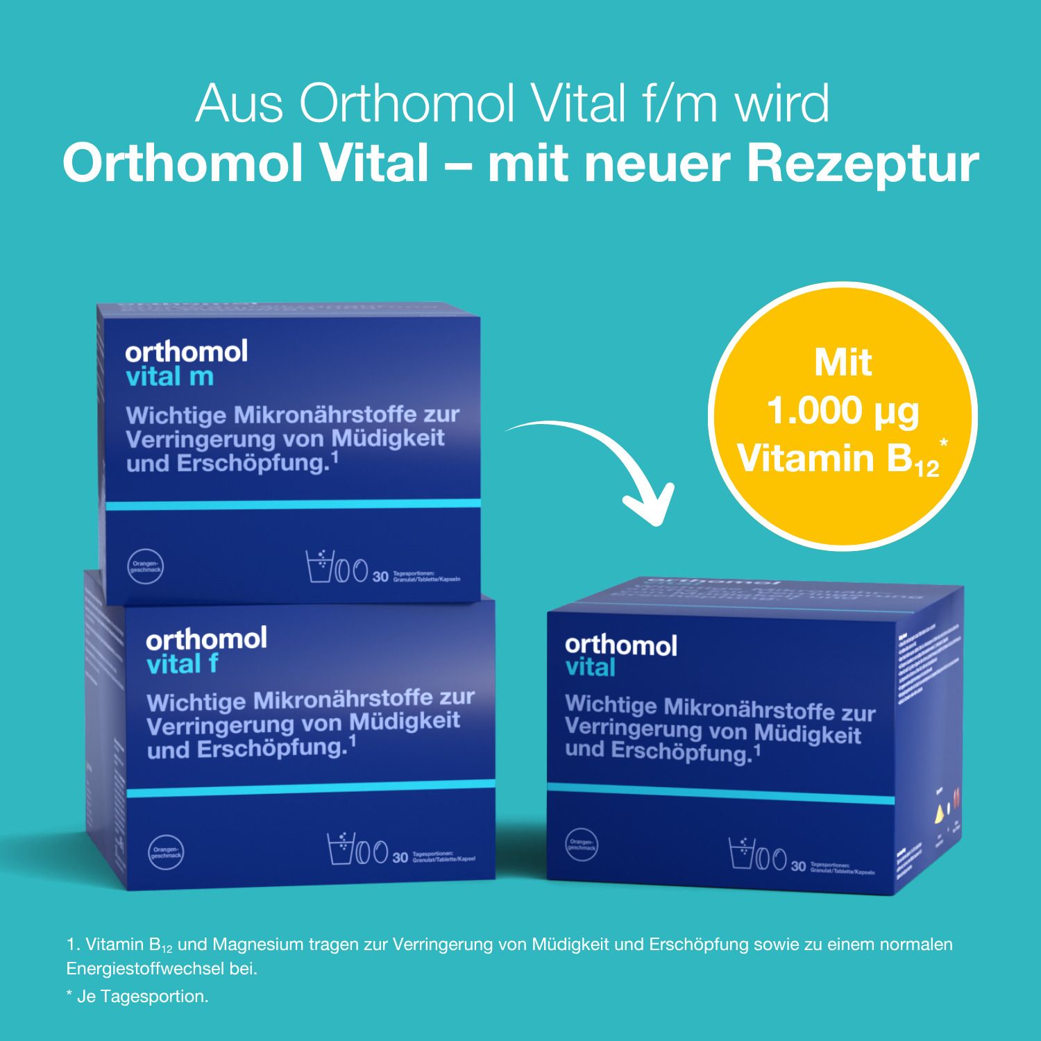 Vergleich von Orthomol Vital mit neuer Rezeptur und älteren Versionen, mit Vitamin B12 Hervorhebung.