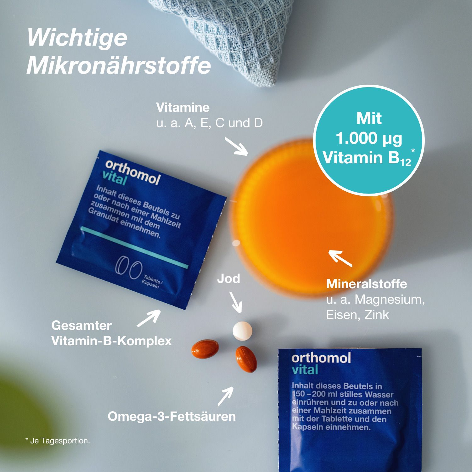 Orthomol Vital Inhaltsstoffe: Vitamine, Jod, Mineralstoffe, Omega-3-Fettsäuren. Mit 1.000 µg Vitamin B12.