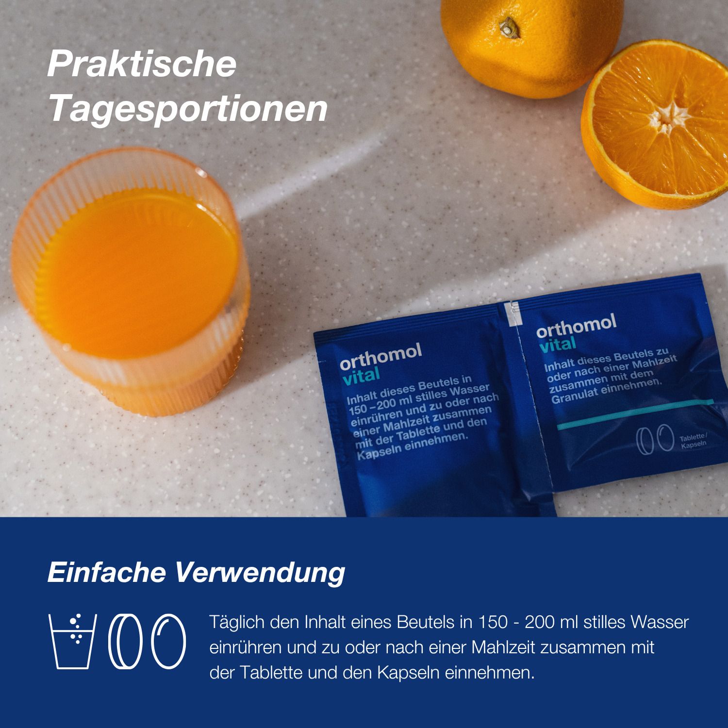 Praktische Tagesportionen von Orthomol Vital: Granulat und Kapseln mit Orangengeschmack.