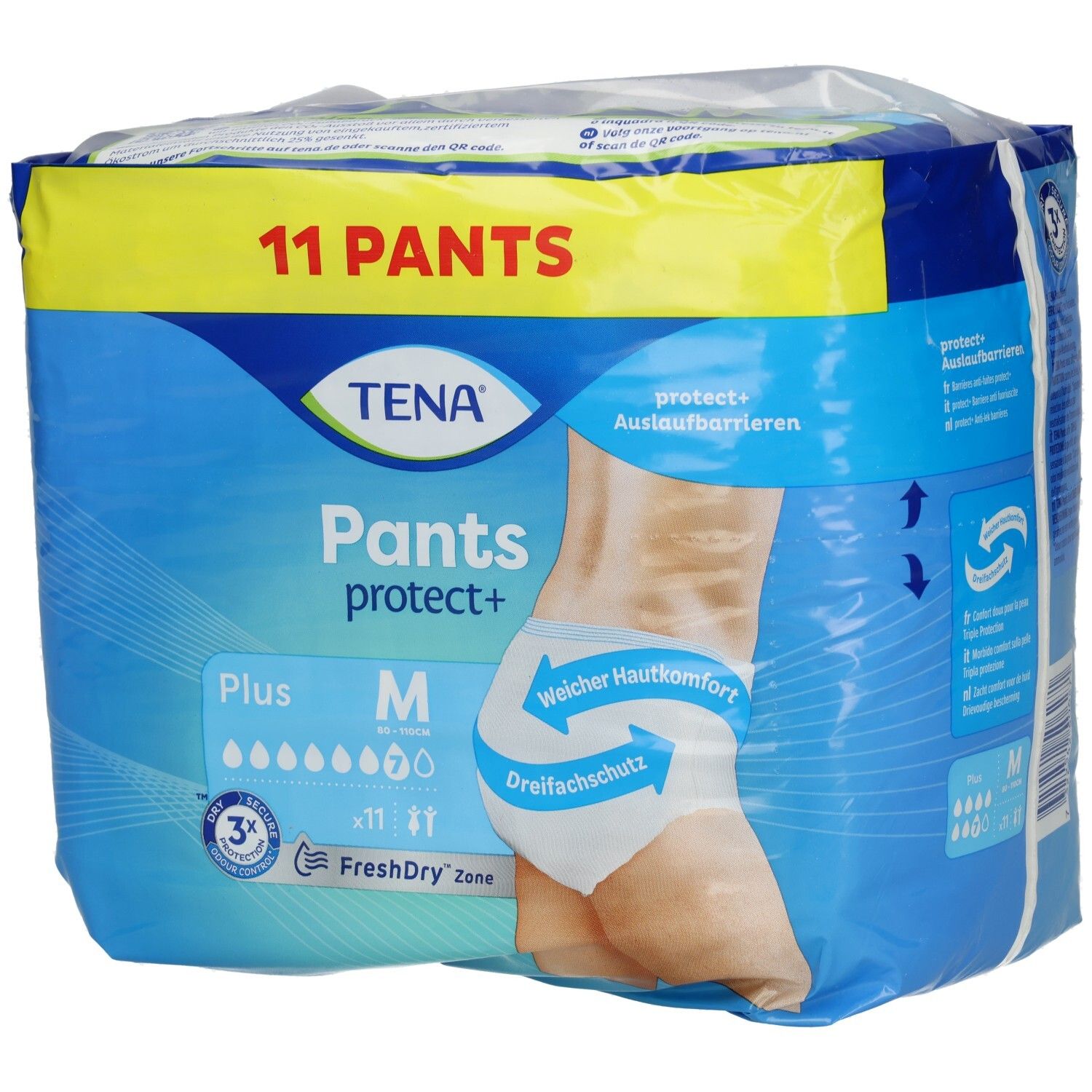 TENA Pants protect+ M, Plus, 11 Stück. Verpackung zeigt Produktabbildung. Blaue Verpackung mit Produktinformationen.