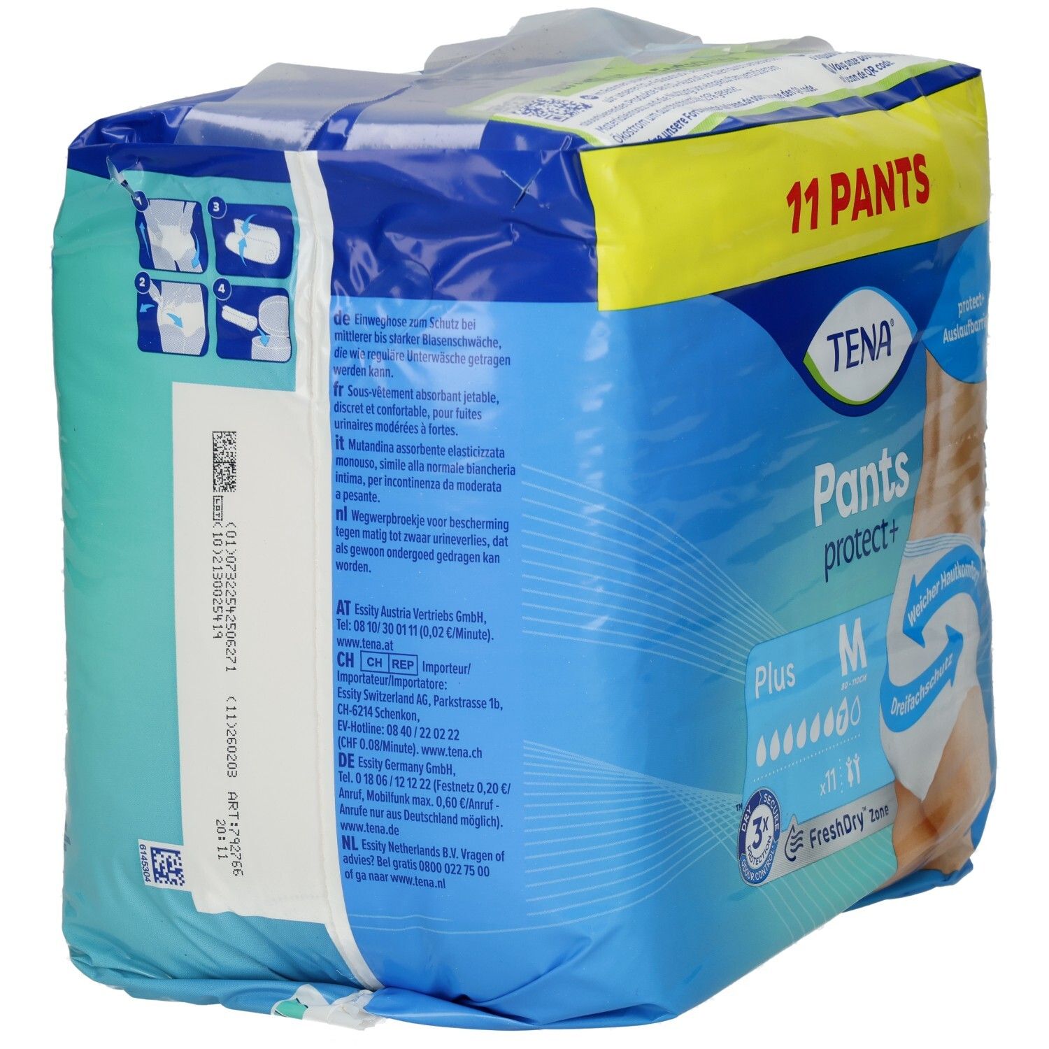 Rückseite der TENA Pants protect+ M Verpackung. Produktinformationen in verschiedenen Sprachen. 11 Pants.