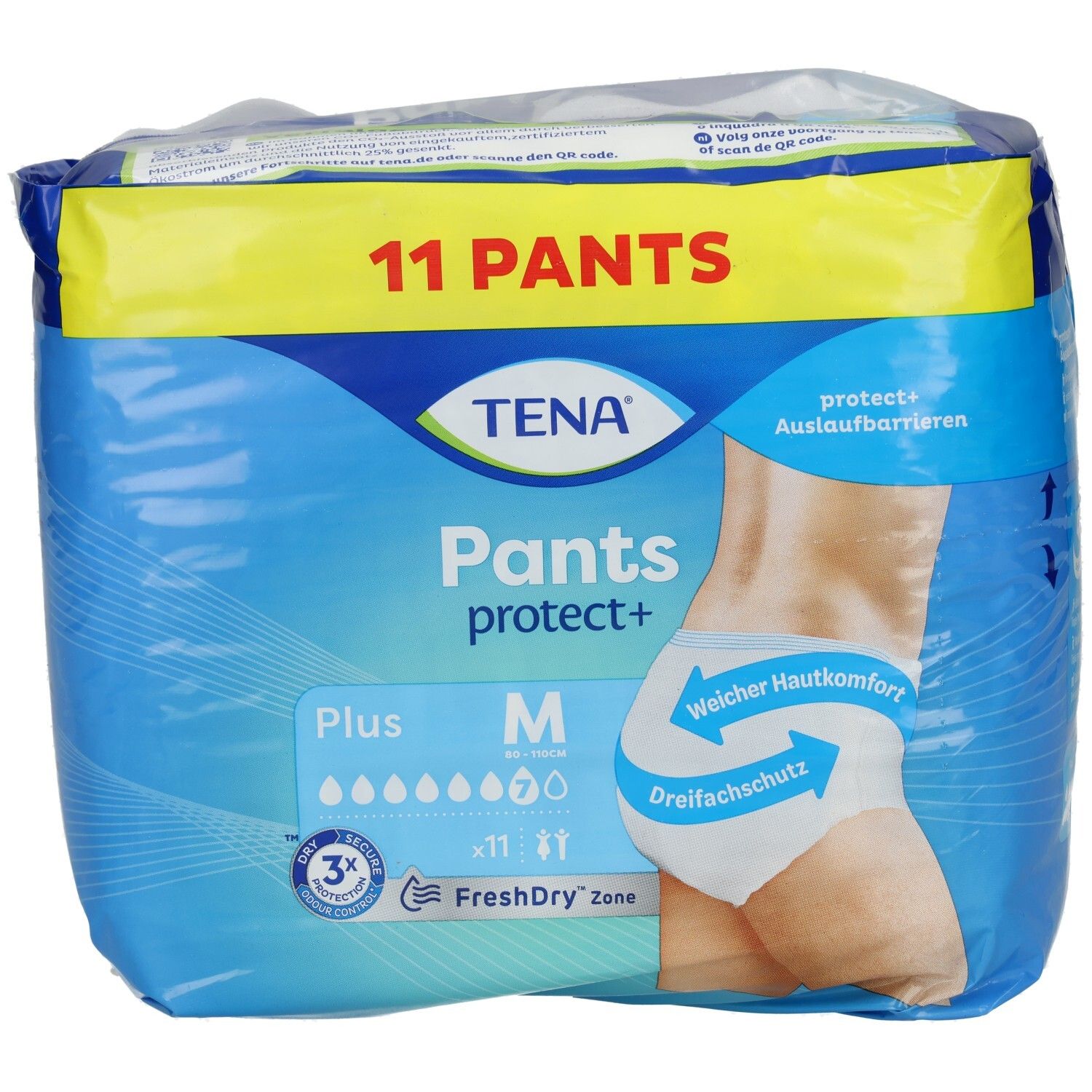 TENA Pants protect+ M, Plus, 11 Pants. Blaue Verpackung mit Produktabbildung und Informationen. Dreifachschutz.