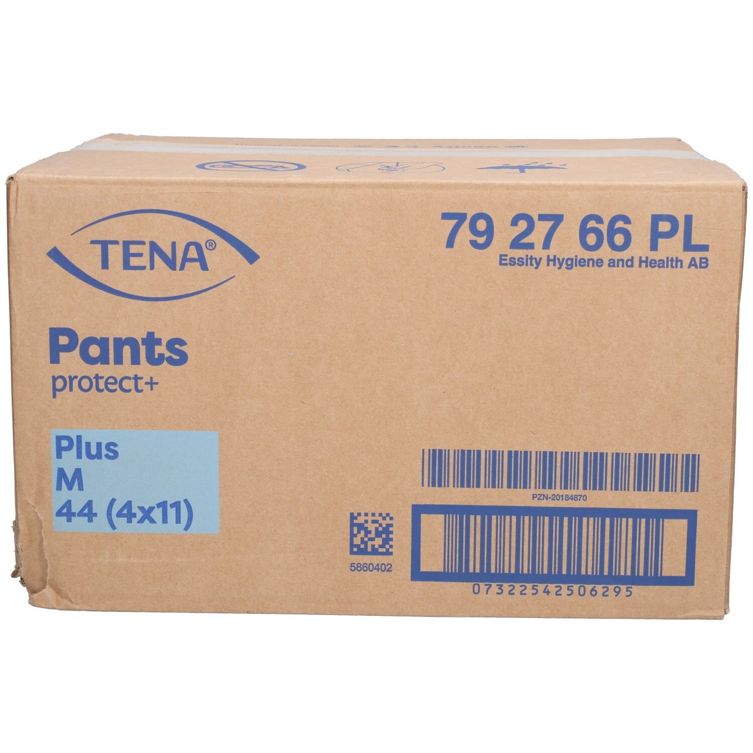 Karton mit TENA Pants protect+. Größe M, 44 Stück. Blaue und blaue Schrift auf braunem Karton. Barcode und Logo.