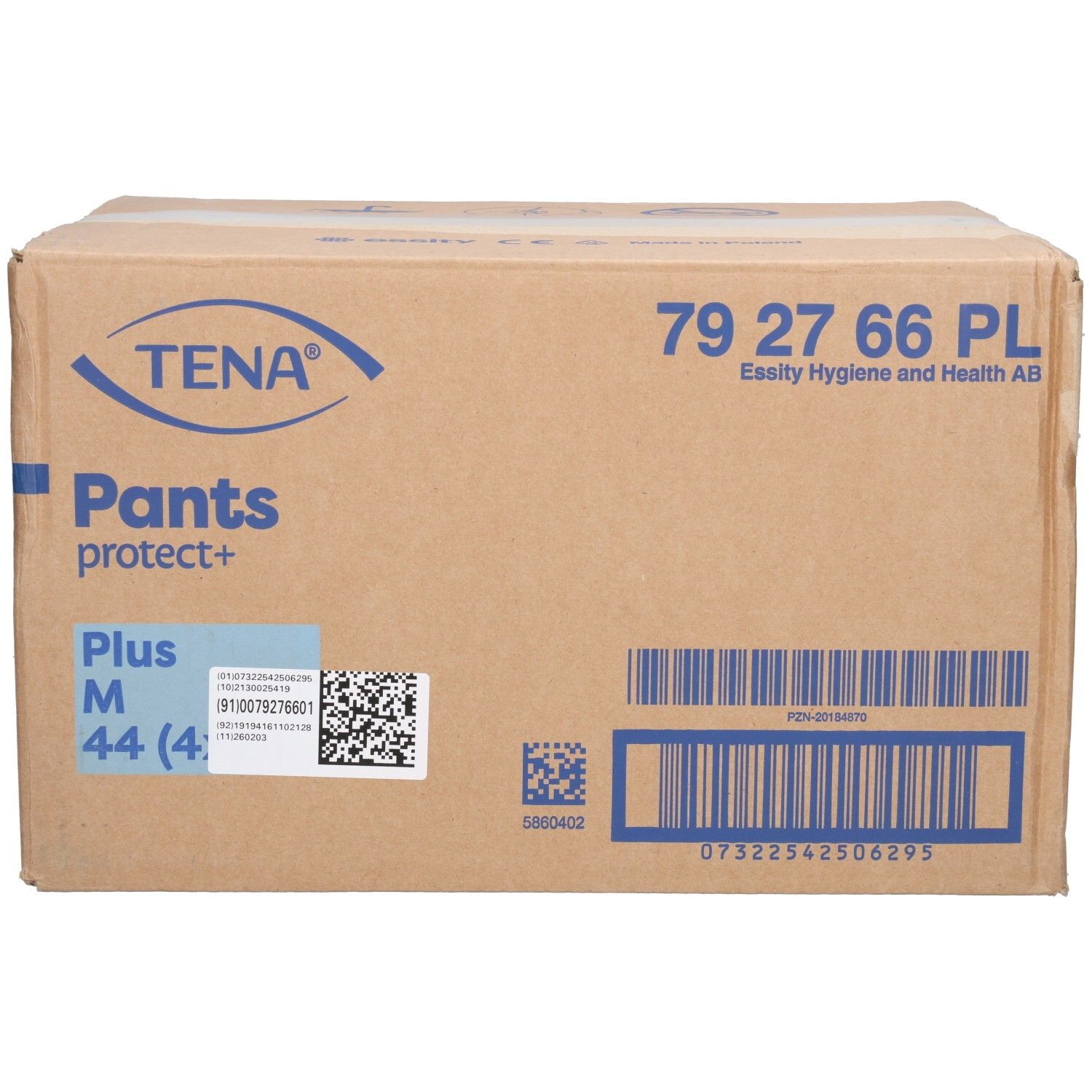 Karton mit TENA Pants protect+. Größe M, 44 Stück. Blaue und blaue Schrift auf braunem Karton. Barcode und Logo.