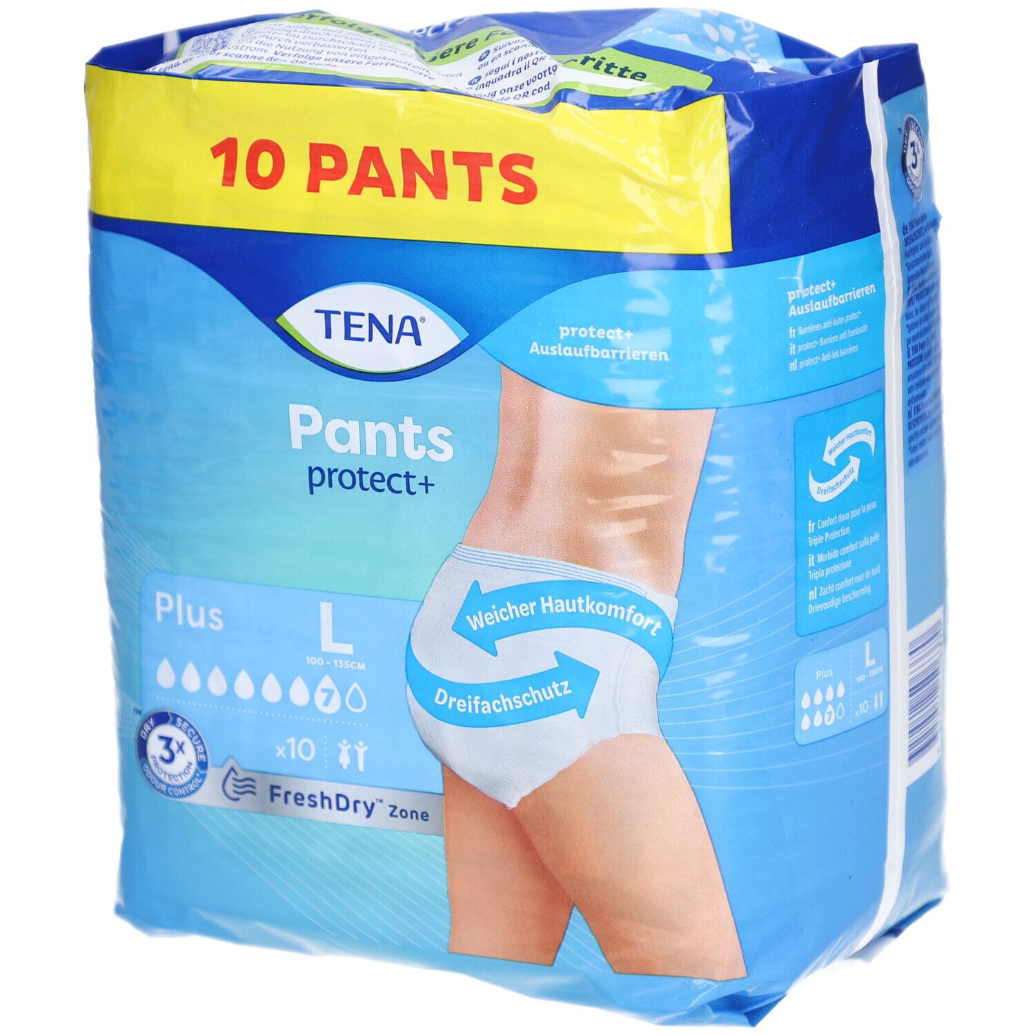 TENA Pants protect+ Plus L, Packung. 10 Pants. Dreifachschutz, FreshDry Zone. Größe L. Aufdruck mit Produktabbildung.