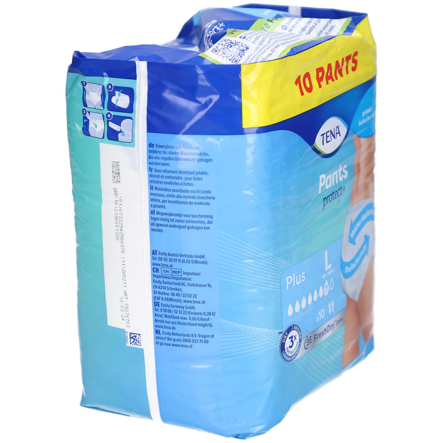 Rückseite der TENA Pants protect+ Plus L Packung. Produktinformationen, Größenangaben. Größe L. Herstellerinformationen.