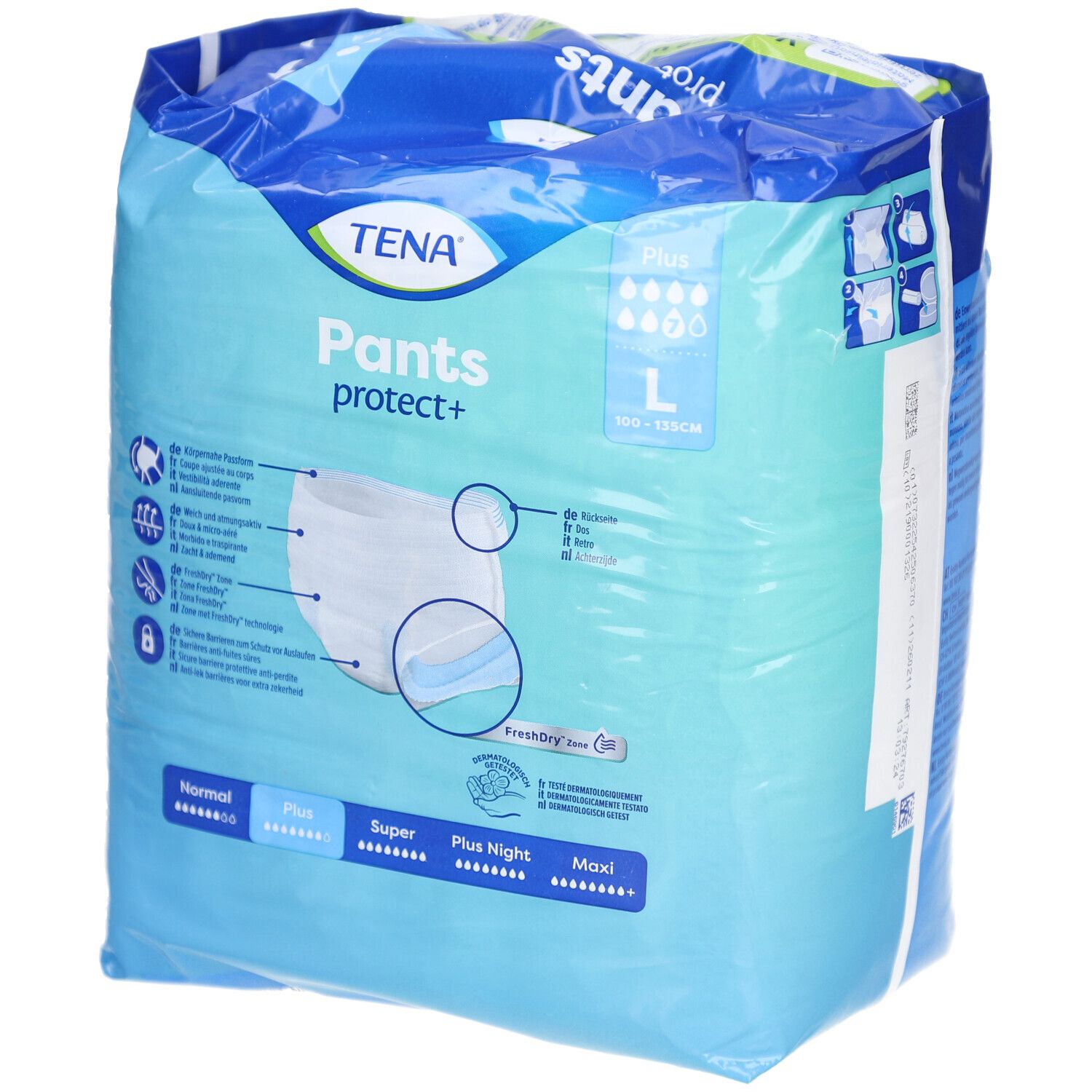 TENA Pants protect+ Plus L Packung. Produktinformationen, Größenangaben. Größen: Normal, Plus, Super, Plus Night, Maxi.