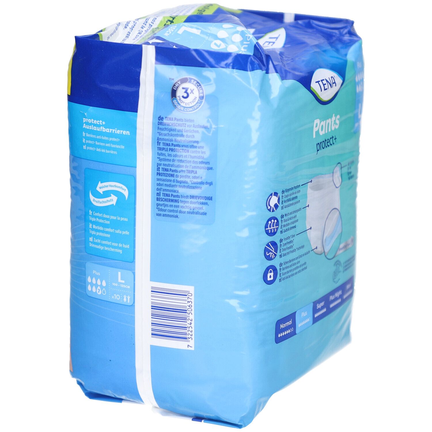 Rückseite der TENA Pants protect+ Plus L Packung. Produktinformationen, Größenangaben. Größe L. Dreifachschutz-Symbol.