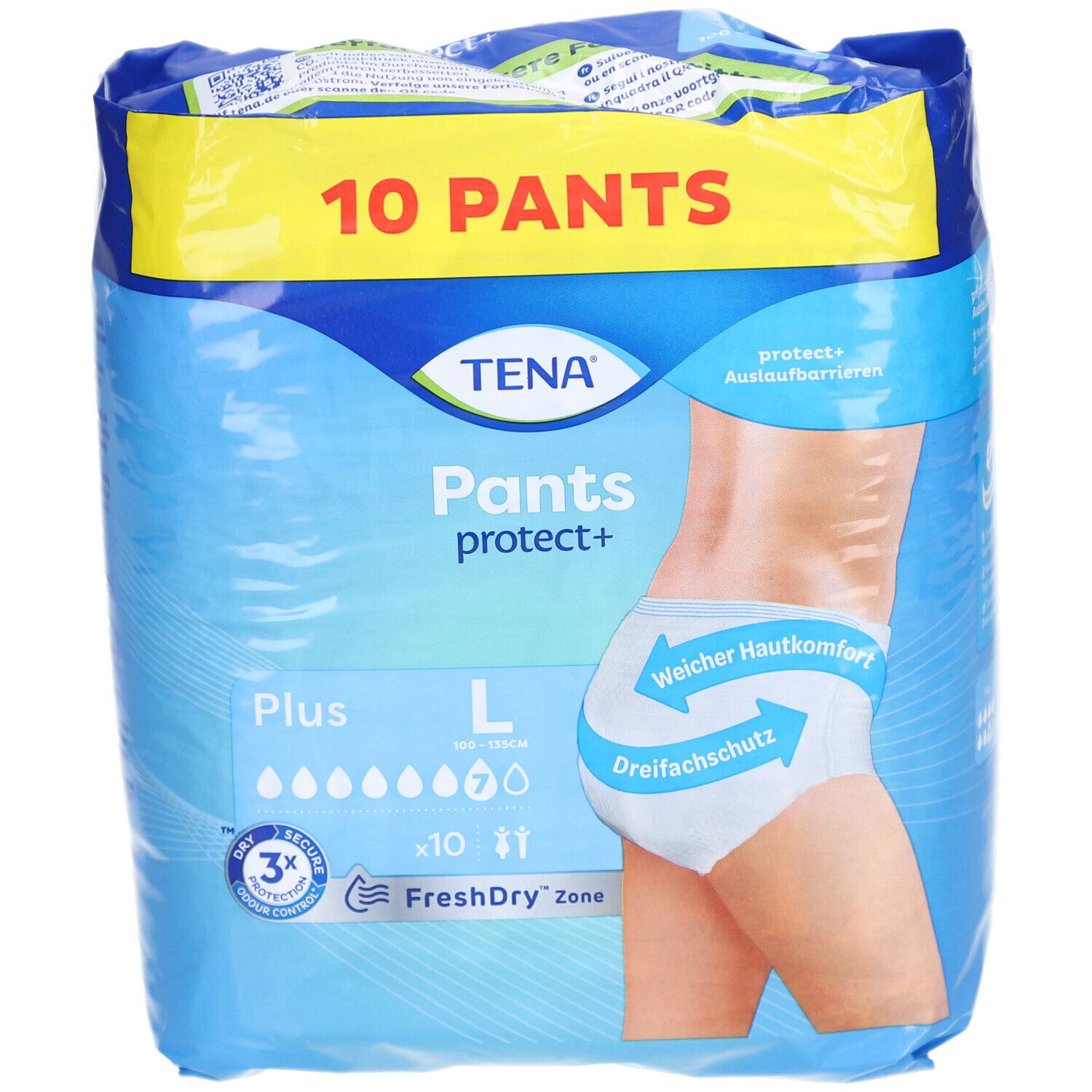 TENA Pants protect+ Plus L Packung. 10 Pants. Größe L. Dreifachschutz, FreshDry Zone. Aufdruck mit Produktabbildung.