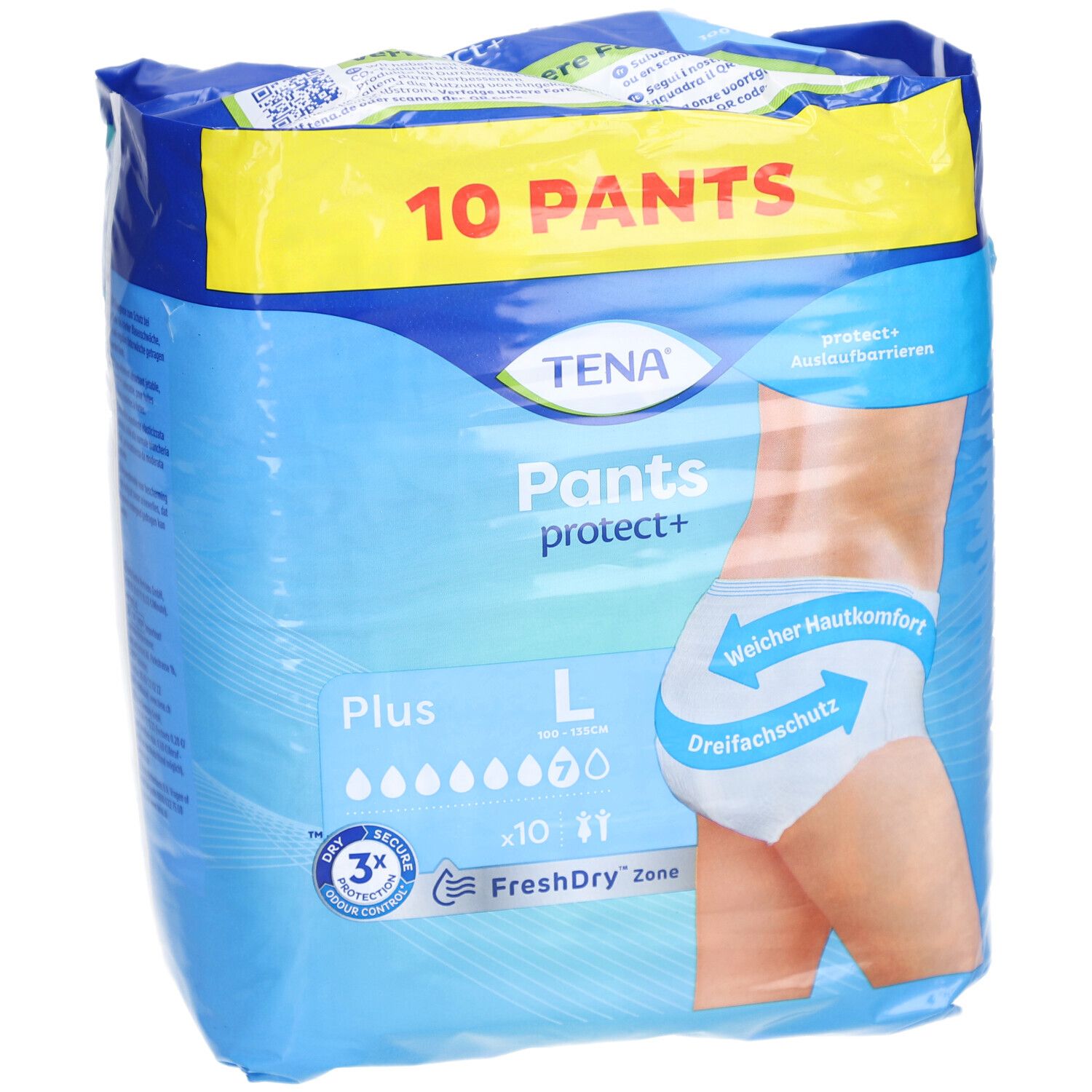 TENA Pants protect+ Plus L Packung. 10 Pants. Größe L. Dreifachschutz, FreshDry Zone. Aufdruck mit Produktabbildung.