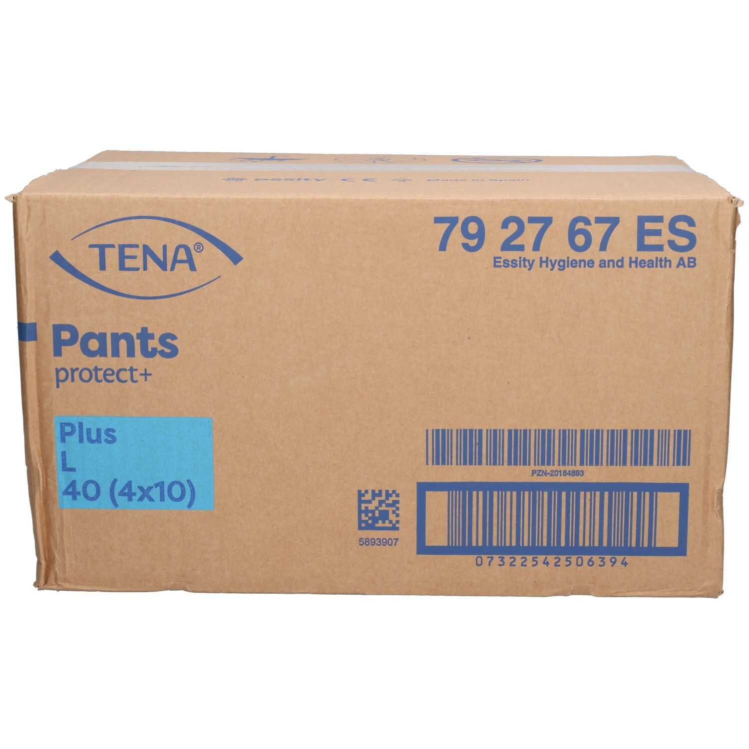 Karton TENA Pants protect+ Plus L. Blaue Markierung mit 40 (4x10). Aufdrucke: 79 27 67 ES, Essity Hygiene and Health AB.