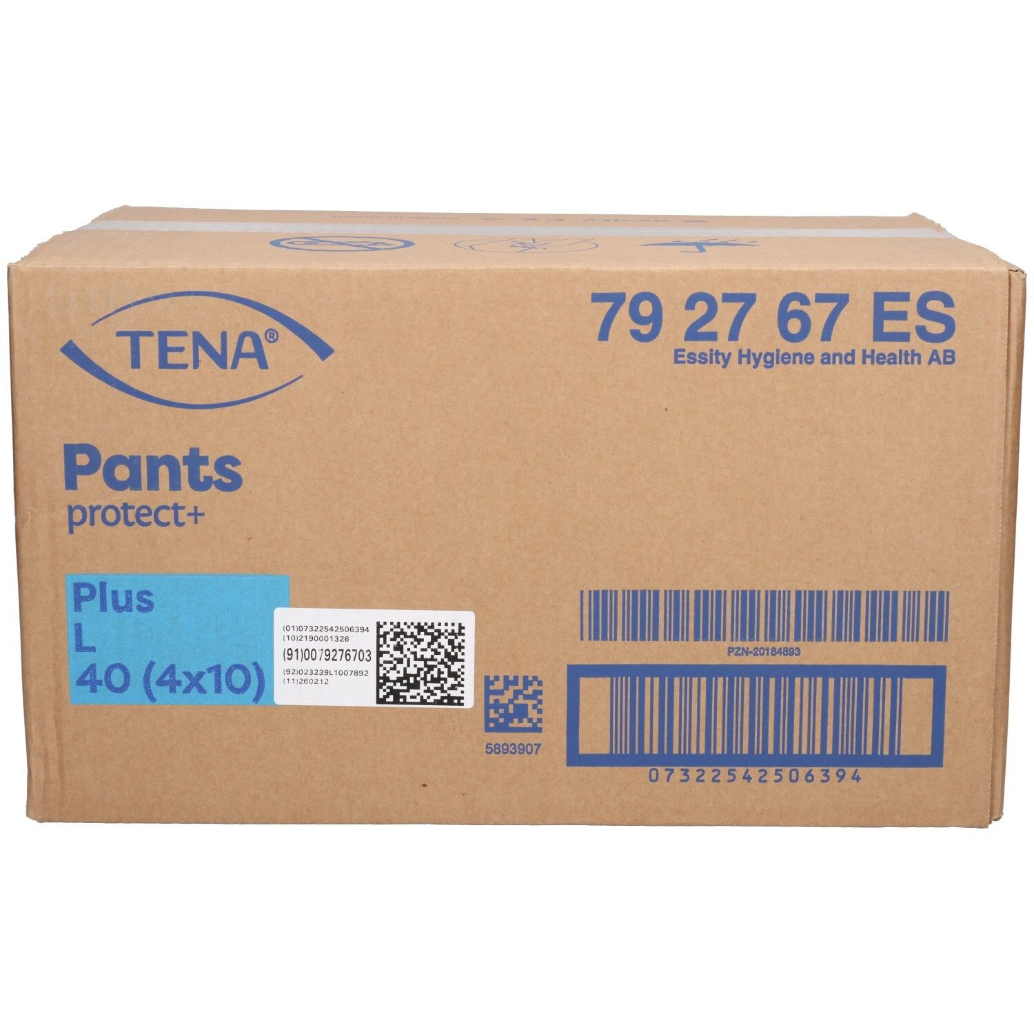 Karton TENA Pants protect+ Plus L. Blaue Markierung mit 40 (4x10). Aufdrucke: 79 27 67 ES, Essity Hygiene and Health AB.