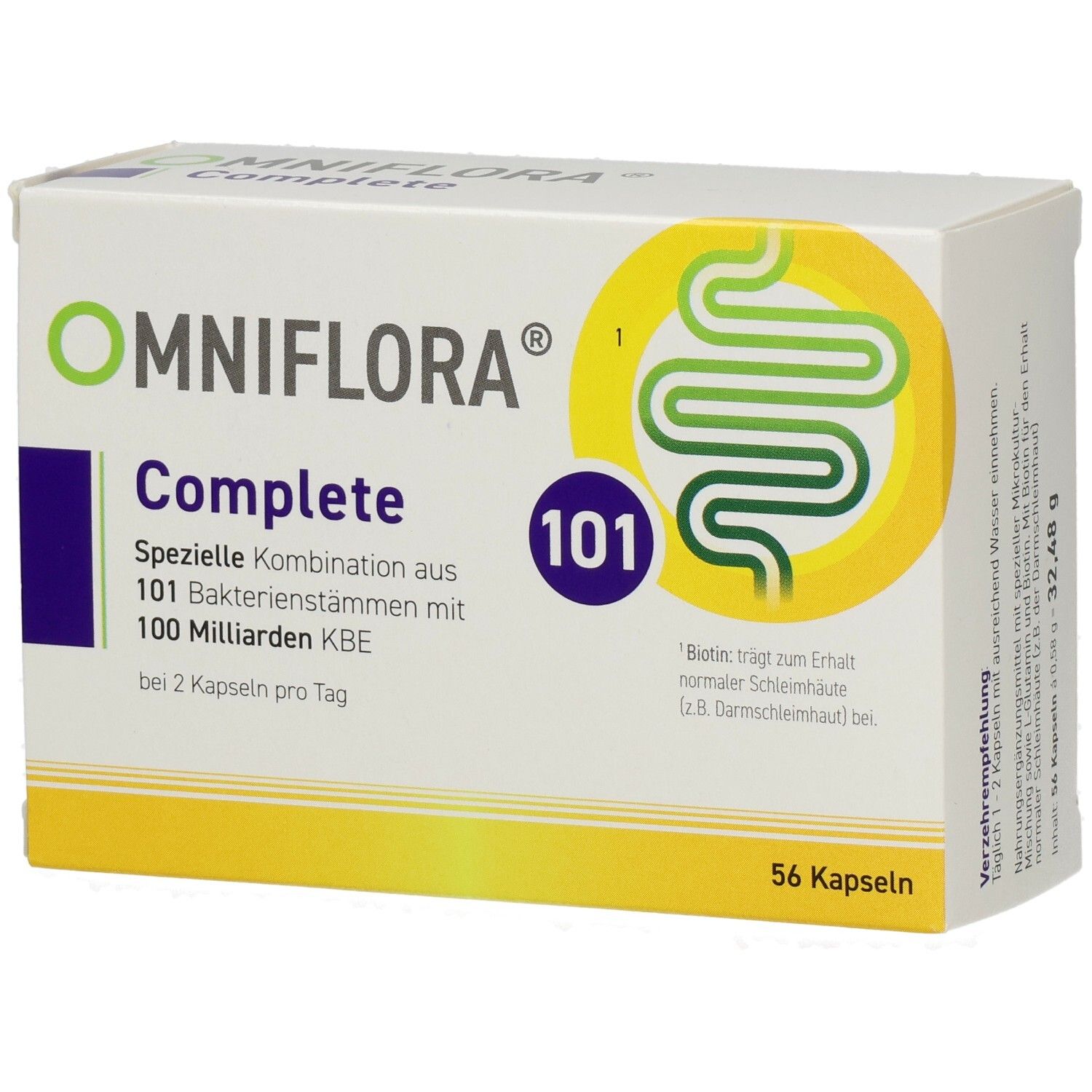 Weißer Karton mit OMNIFLORA Complete. Enthält 101 Bakterienstämme, 100 Mrd. KBE. 56 Kapseln. Gelbes Logo mit Darm-Illustration.