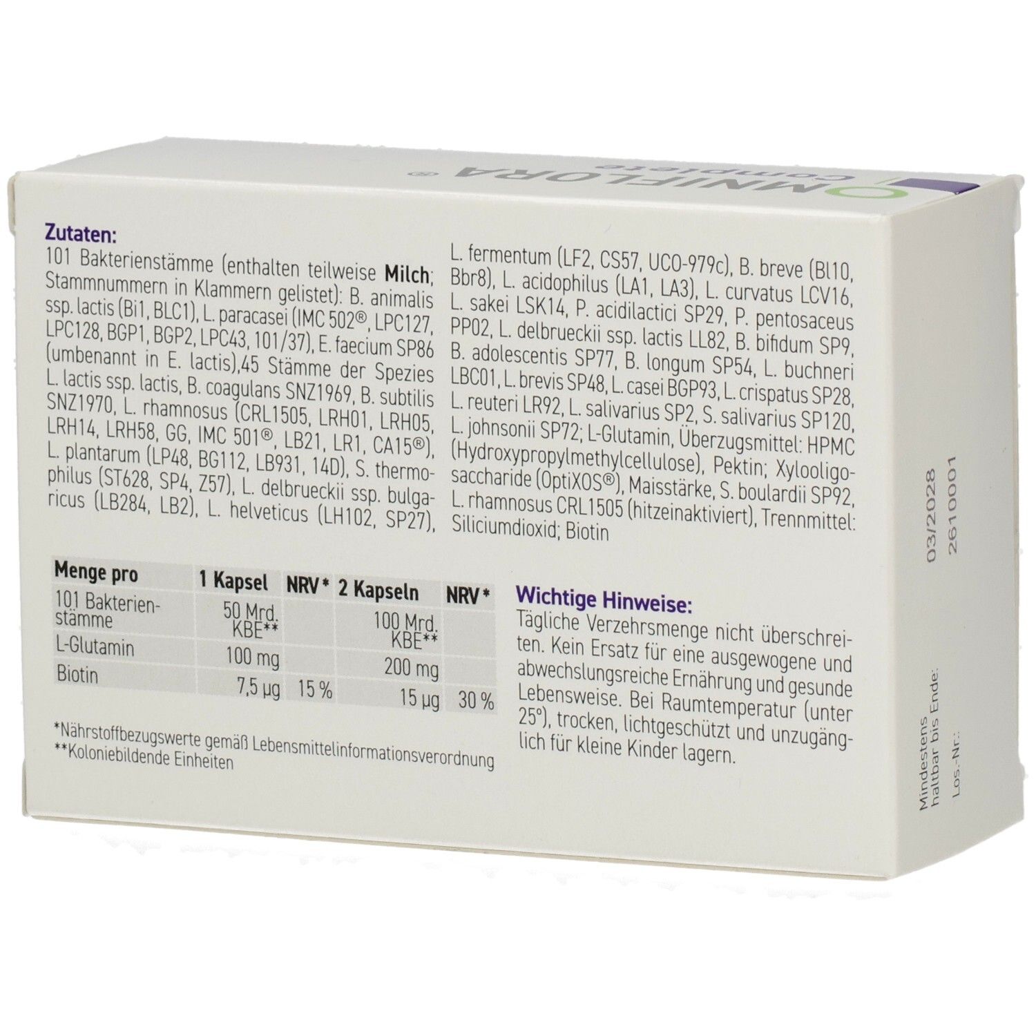 Rückseite der OMNIFLORA Complete Packung. Enthält Zutatenliste, Nährwertangaben und wichtige Hinweise. Text in deutscher Sprache.