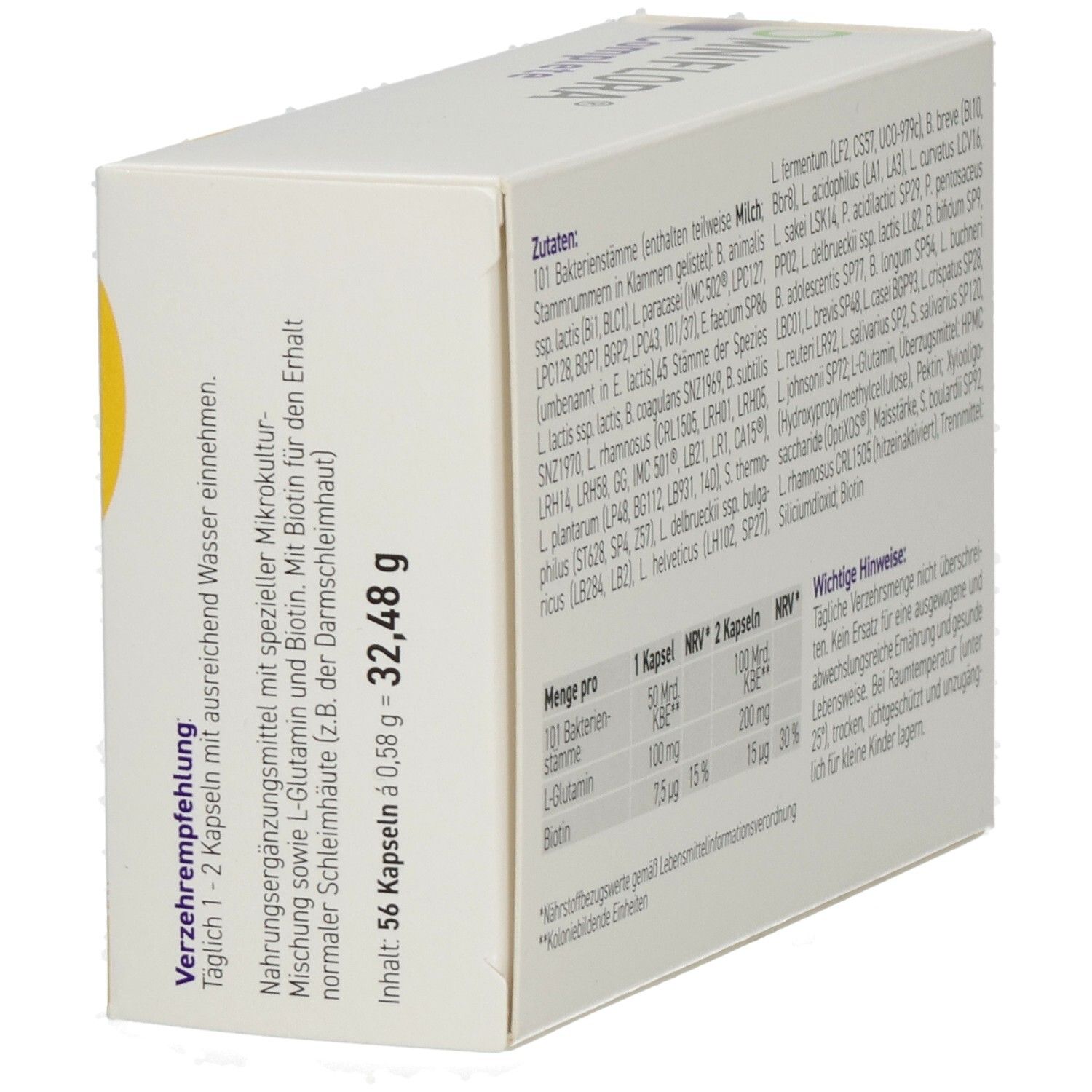Rückseite der OMNIFLORA Complete Packung. Enthält Zutatenliste, Nährwertangaben und wichtige Hinweise. Text in deutscher Sprache.