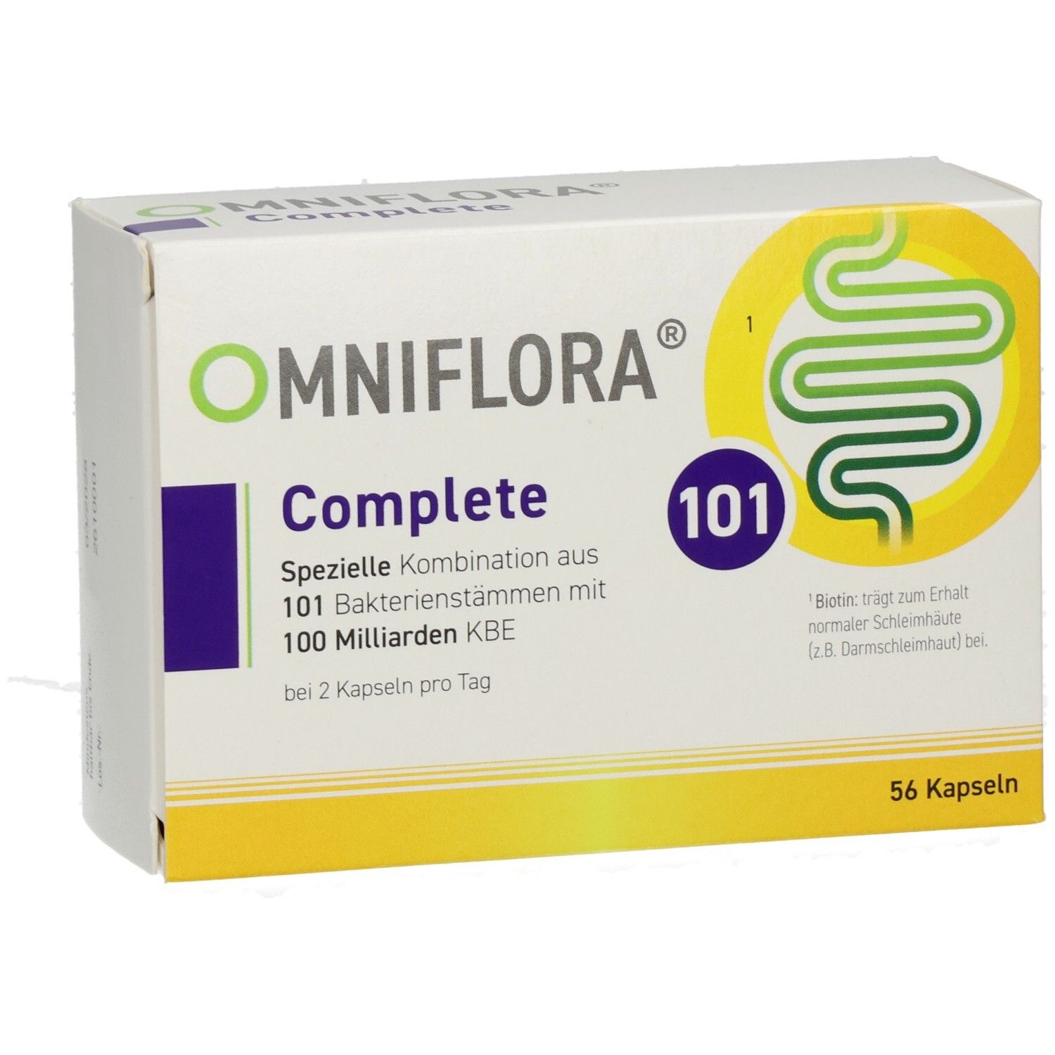 Weißer Karton mit OMNIFLORA Complete. Enthält 101 Bakterienstämme, 100 Mrd. KBE. 56 Kapseln. Gelbes Logo mit Darm-Illustration.