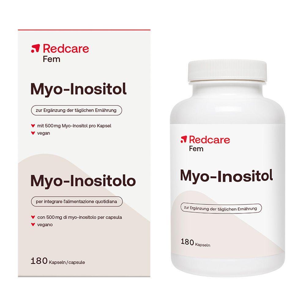 Redcare Fem Myo-Inositol. Weiße Flasche und Karton. Aufschrift: Myo-Inositol, 180 Kapseln. Vegan.