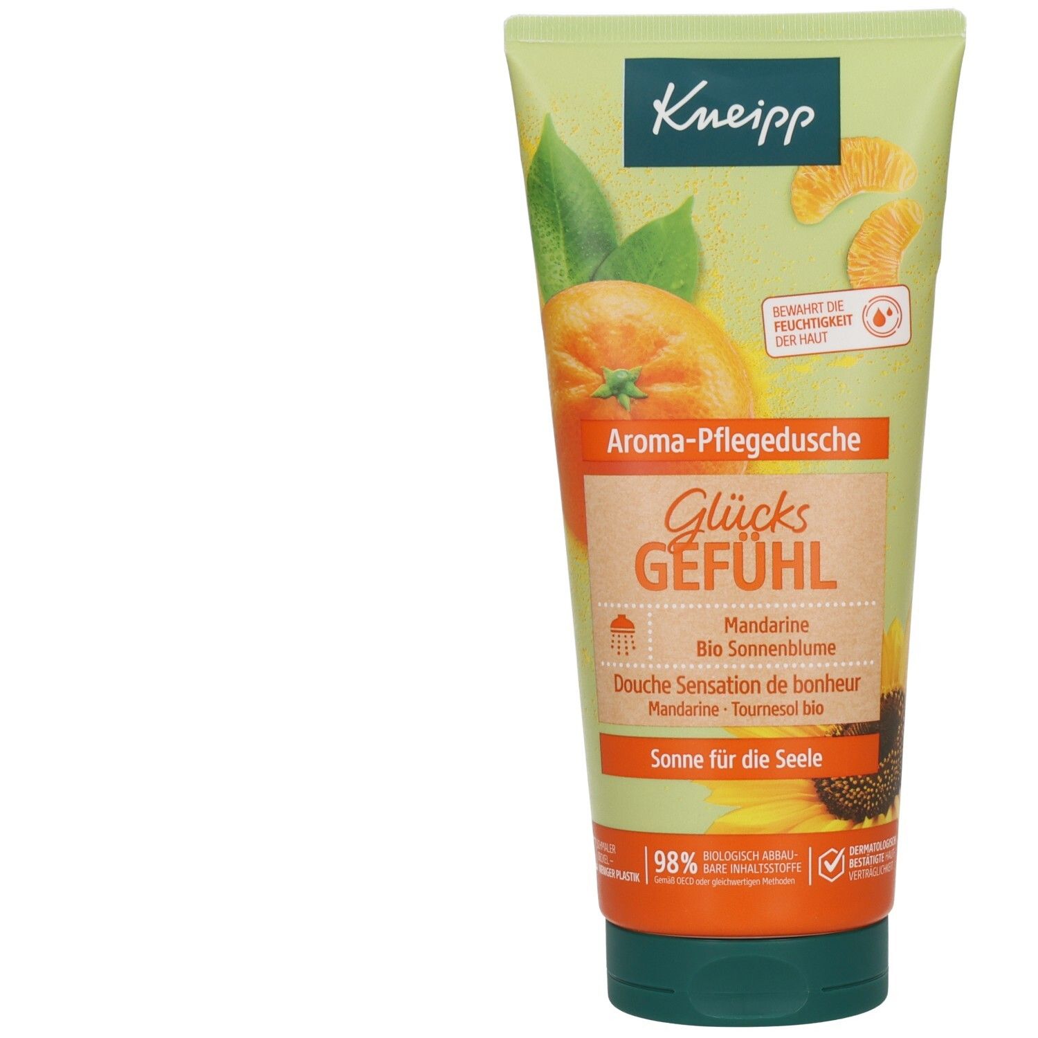 Grüne Tube mit Kneipp Aroma-Pflegedusche Glücksgefühl. Orange und Sonnenblume abgebildet. Text: Mandarine, Bio Sonnenblume, Sonne für die Seele.