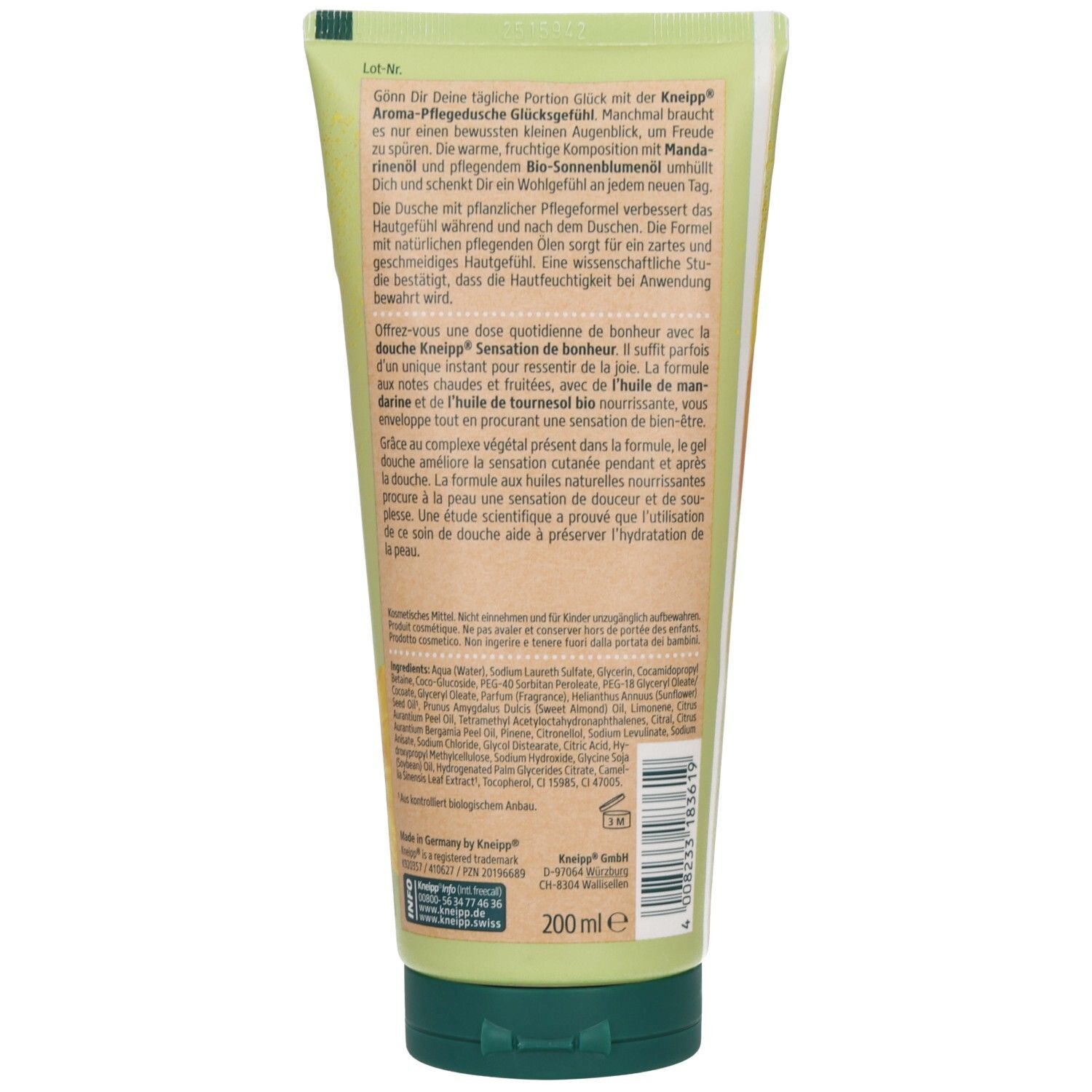 Rückseite der grünen Tube Kneipp Aroma-Pflegedusche Glücksgefühl. Text in Deutsch, Französisch und weitere Sprachen. 200 ml.
