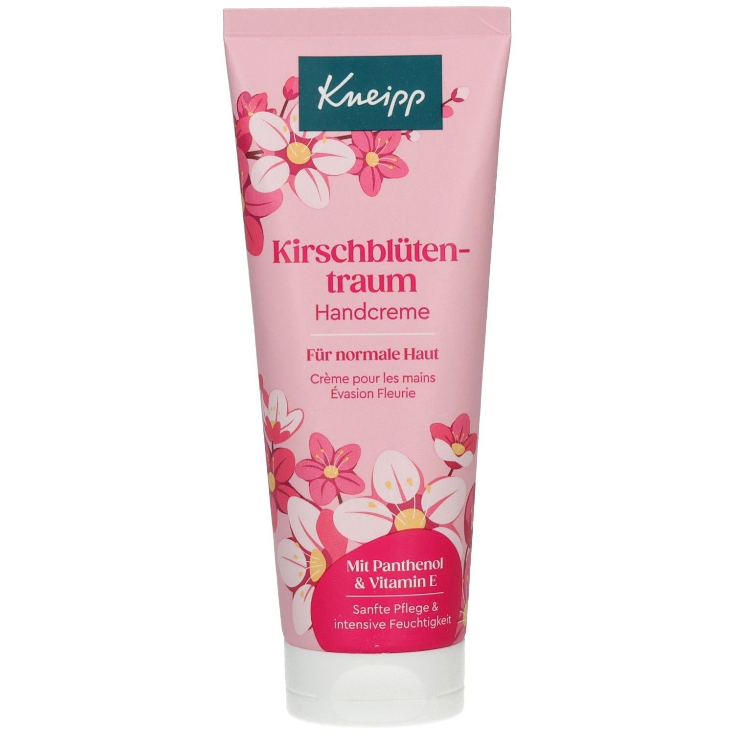 Rosa Tube mit Kirschblüten-Design. Oben Logo Kneipp. Text: Kirschblütentraum Handcreme. Für normale Haut. Mit Panthenol & Vitamin E.