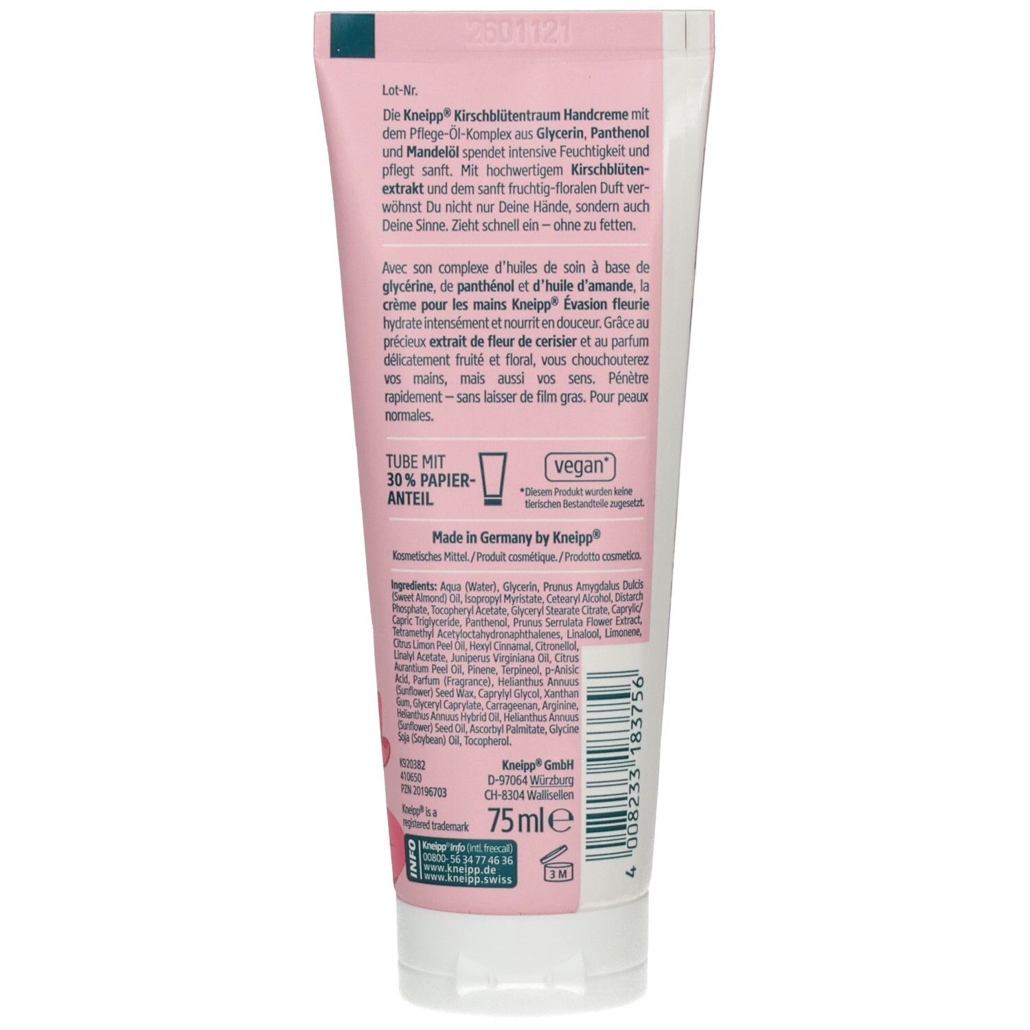 Rückseite der Tube. Text: Kneipp Kirschblütentraum Handcreme. Vegan-Siegel. Text: Tube mit 30% Papieranteil. Inhaltsstoffe. 75ml.