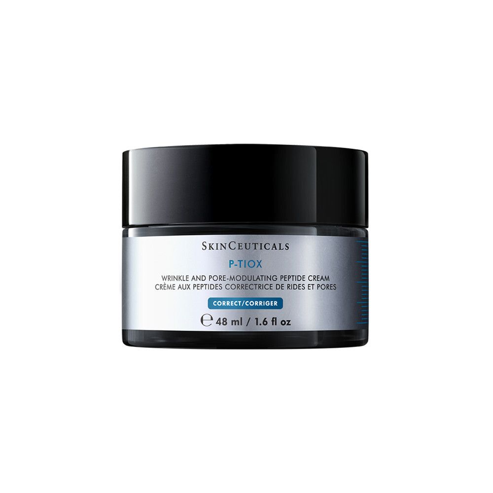 Skinceuticals P-Tiox Falten und Poren modulierende Peptidcreme in einem schwarzen Tiegel.