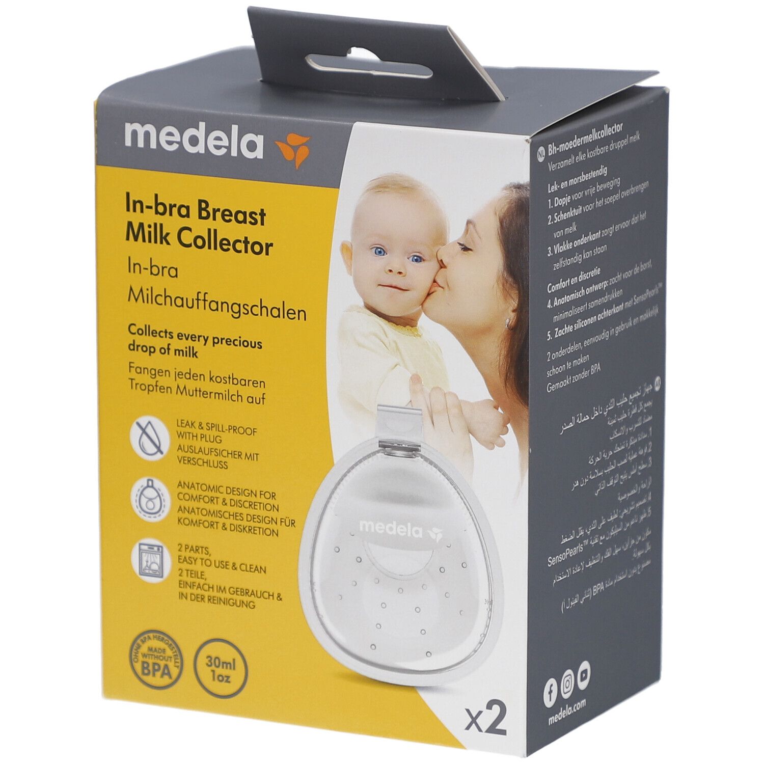 Verpackung mit Produktabbildung. Aufschrift: medela In-bra Milchauffangschalen. Enthält zwei Stück. BPA-frei.