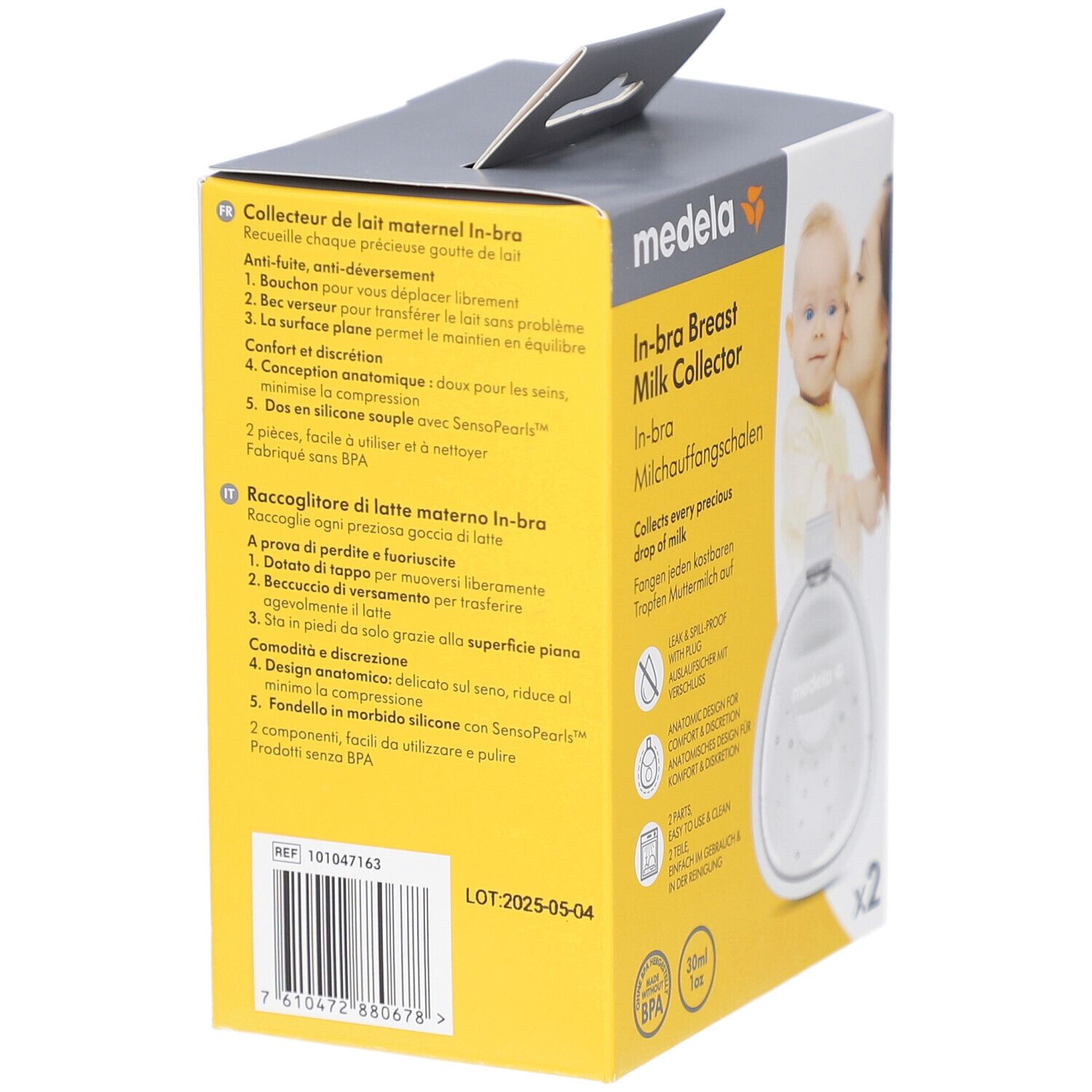 Rückseite der Verpackung. Text in Deutsch, Französisch, Italienisch und Niederländisch. Produktname: In-bra Milchauffangschalen.