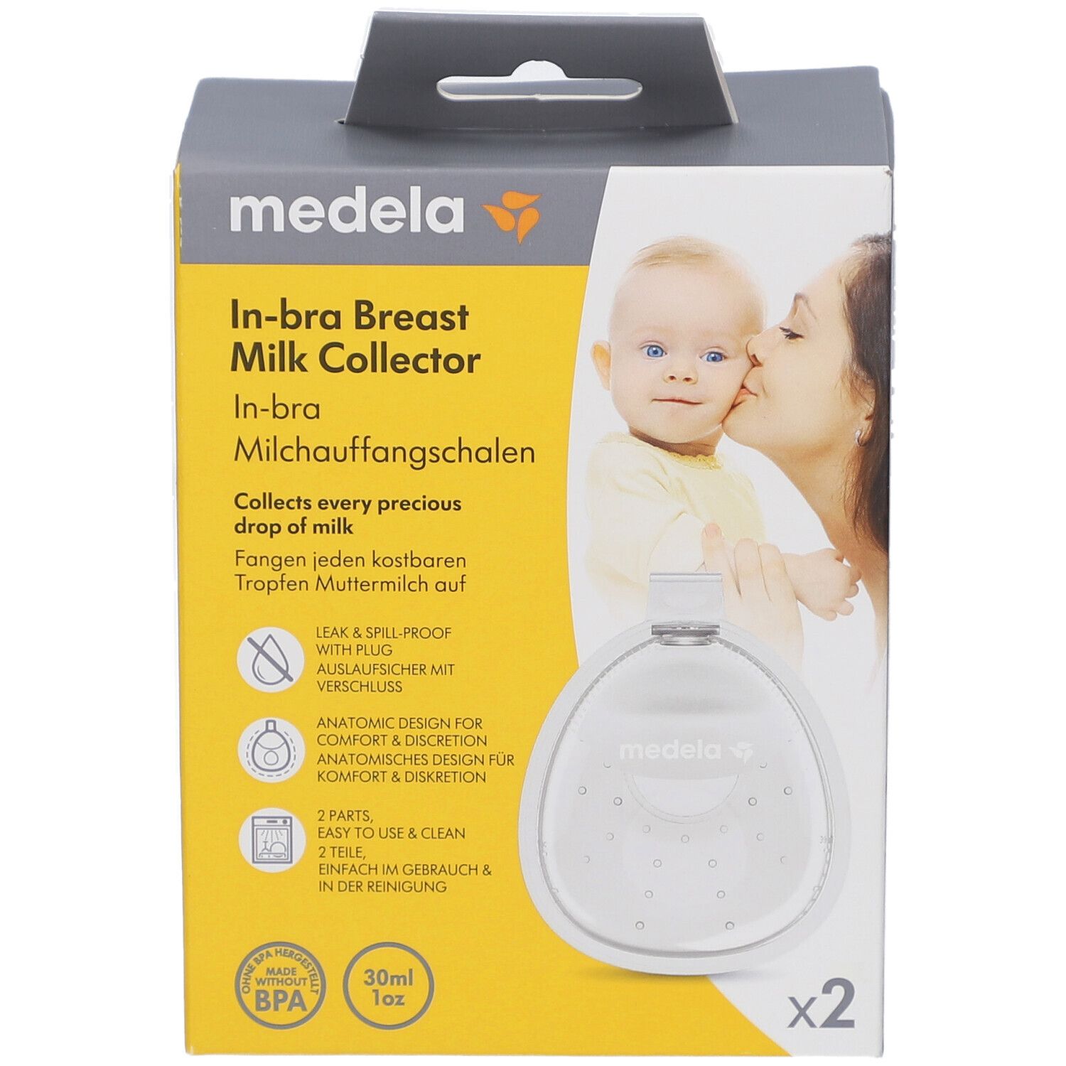 Verpackung mit Produktabbildung. Aufschrift: medela In-bra Milchauffangschalen. Enthält zwei Stück. BPA-frei.