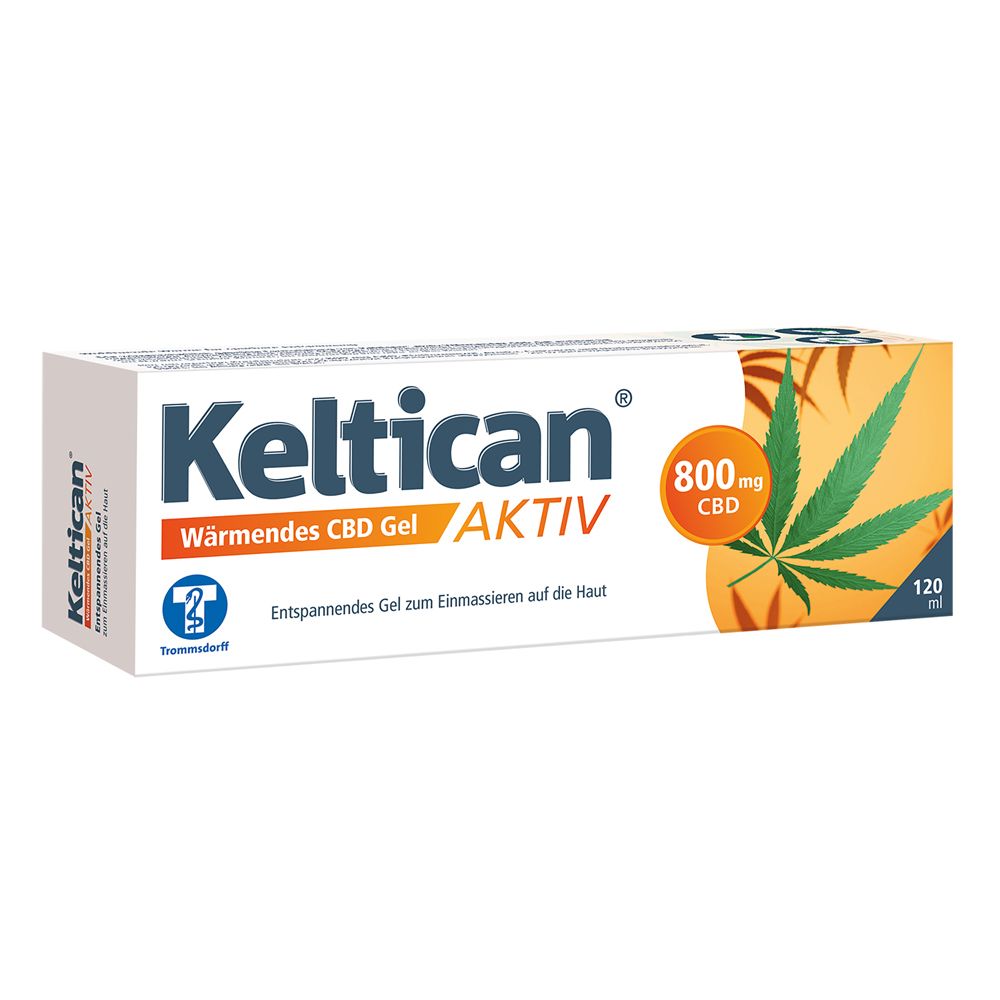 Keltican® aktiv Wärmendes CBD Gel. Weiße Tube und Schachtel. Enthält 800mg CBD. Gel zum Einmassieren auf der Haut.