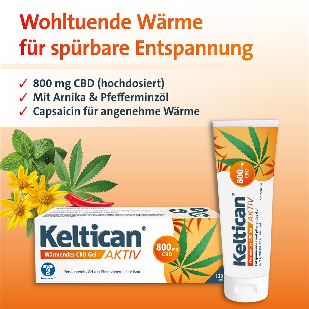 Keltican® aktiv Wärmendes CBD Gel und Inhaltsstoffe. Tube und Schachtel. 800mg CBD. Mit Arnika, Pfefferminzöl und Capsaicin.