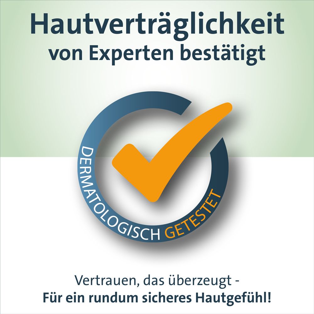 Dermatologisch getestetes Siegel. Gel für sicheres Hautgefühl. Blauer Kreis mit orangefarbenem Haken.