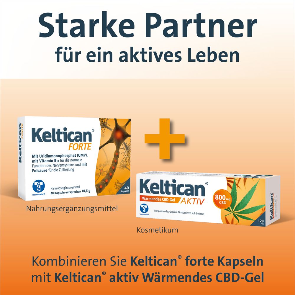 Keltican® forte Kapseln und Keltican® aktiv Wärmendes CBD Gel. Nahrungsergänzungsmittel und Kosmetikum.