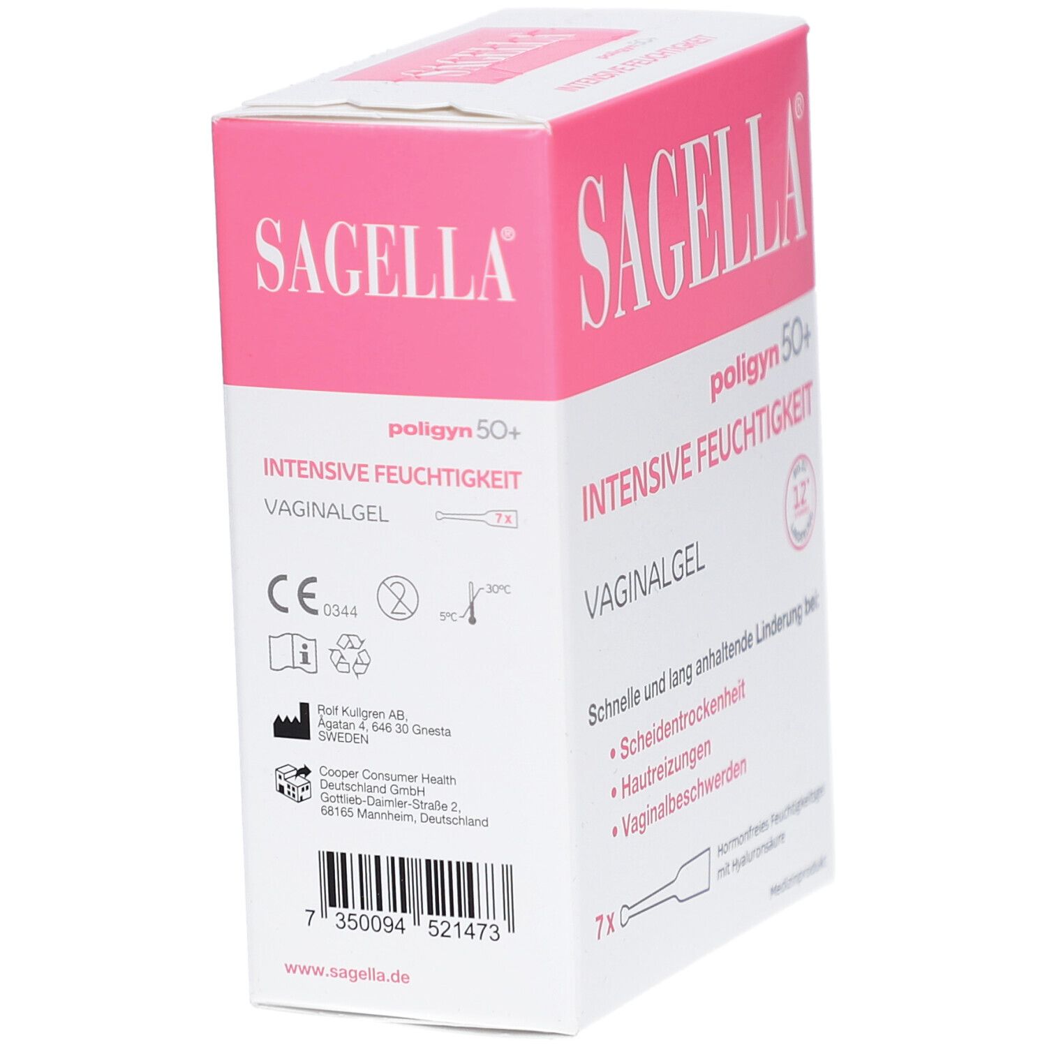 Seitenansicht der SAGELLA® poligyn 50+ Verpackung. Produktname, Inhaltsstoffe und Herstellerinformationen. Barcode und CE-Kennzeichnung.