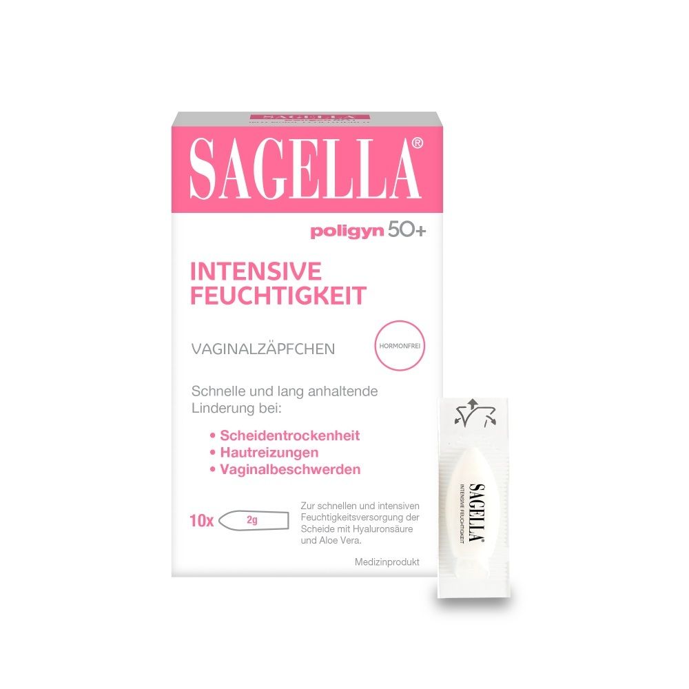 Packung SAGELLA poligyn 50+ Intensive Feuchtigkeit Vaginalzäpfchen, 10x 2g.