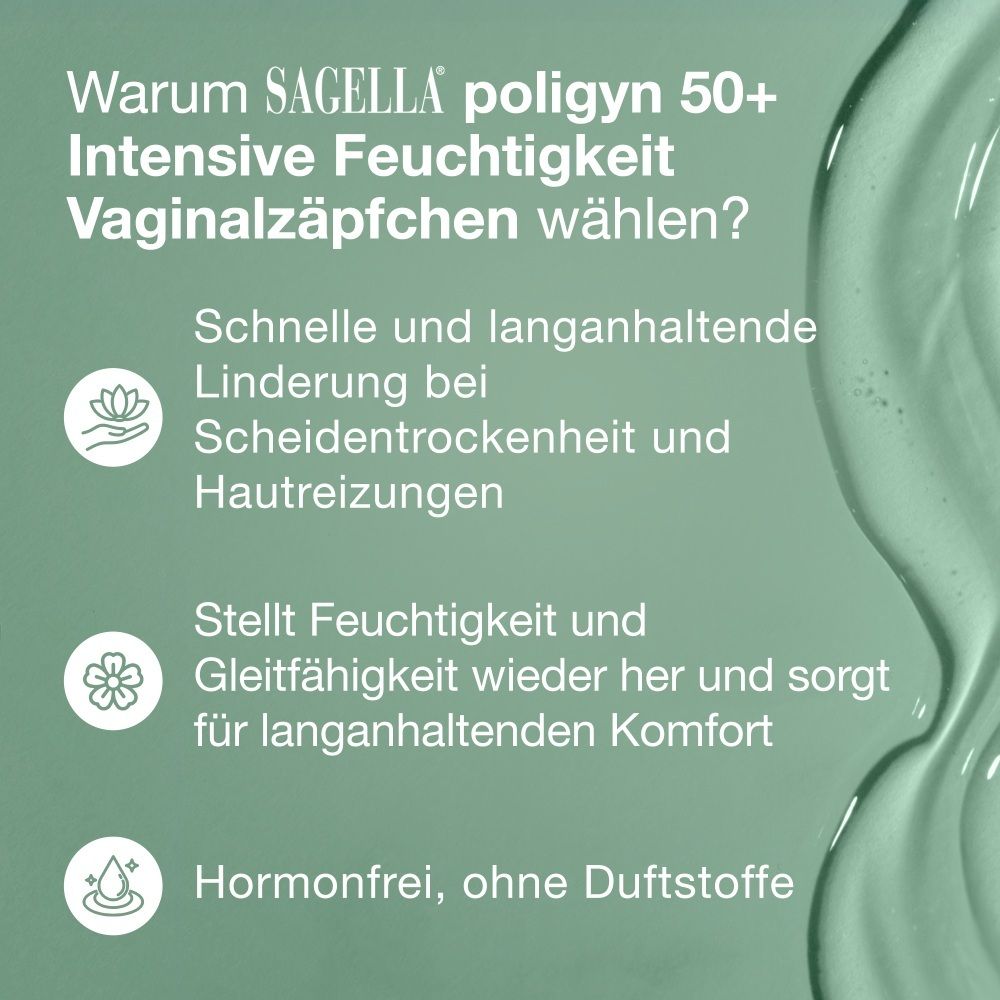 Grafik mit Vorteilen von SAGELLA poligyn 50+ Vaginalzäpfchen: Linderung bei Trockenheit, Reizungen, hormonfrei.