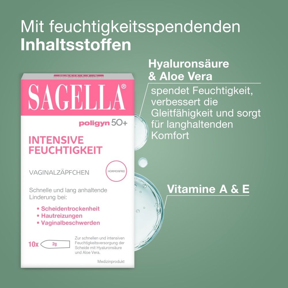 SAGELLA poligyn 50+ Intensive Feuchtigkeit Vaginalzäpfchen mit Hyaluronsäure & Aloe Vera.