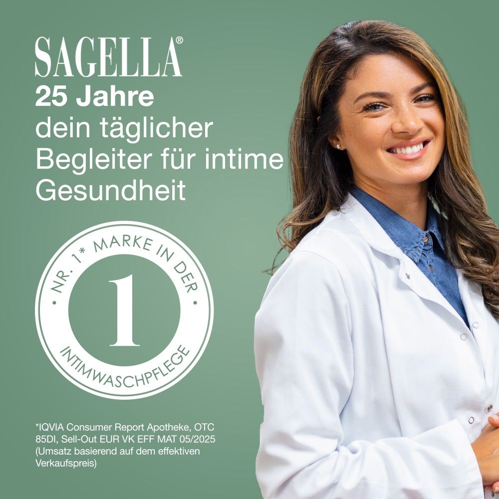 Ärztin mit SAGELLA Logo, "25 Jahre dein täglicher Begleiter für intime Gesundheit".
