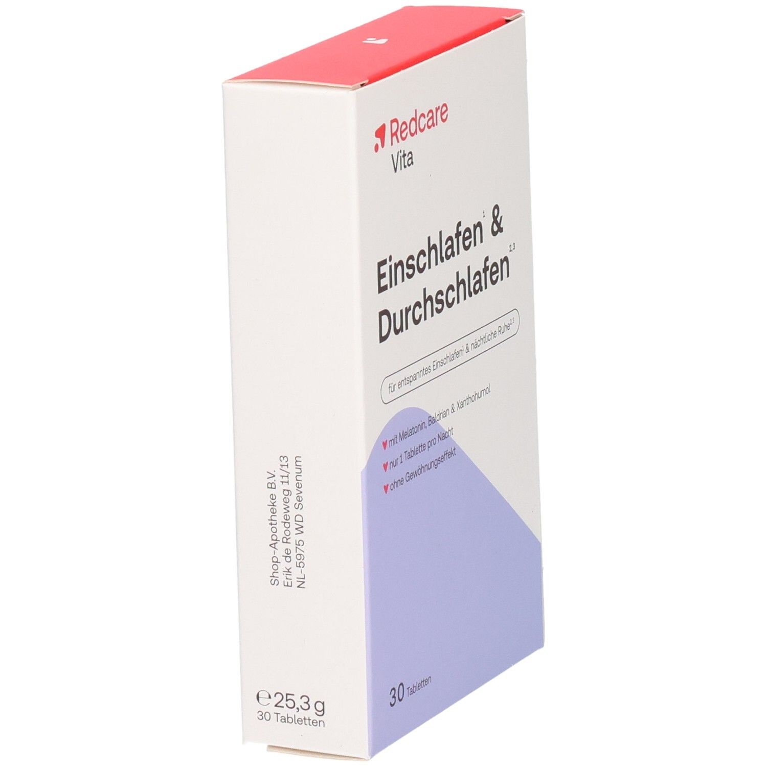 Redcare Vita Einschlafen & Durchschlafen, Seitenansicht der Packung mit Dosierungsinformationen.