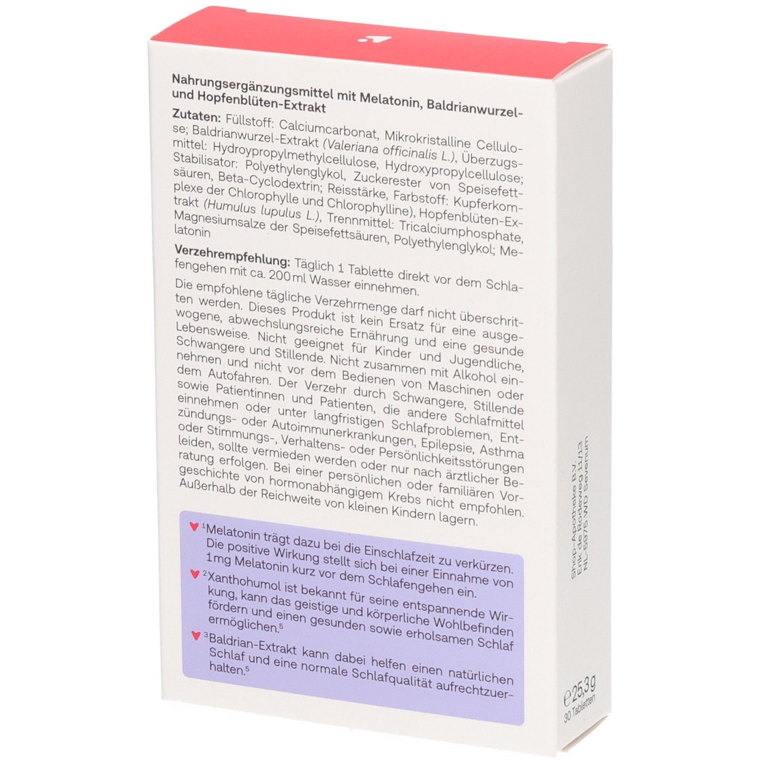 Redcare Vita Einschlafen & Durchschlafen, Packungsrückseite mit detaillierten Nährwertangaben und Hinweisen.