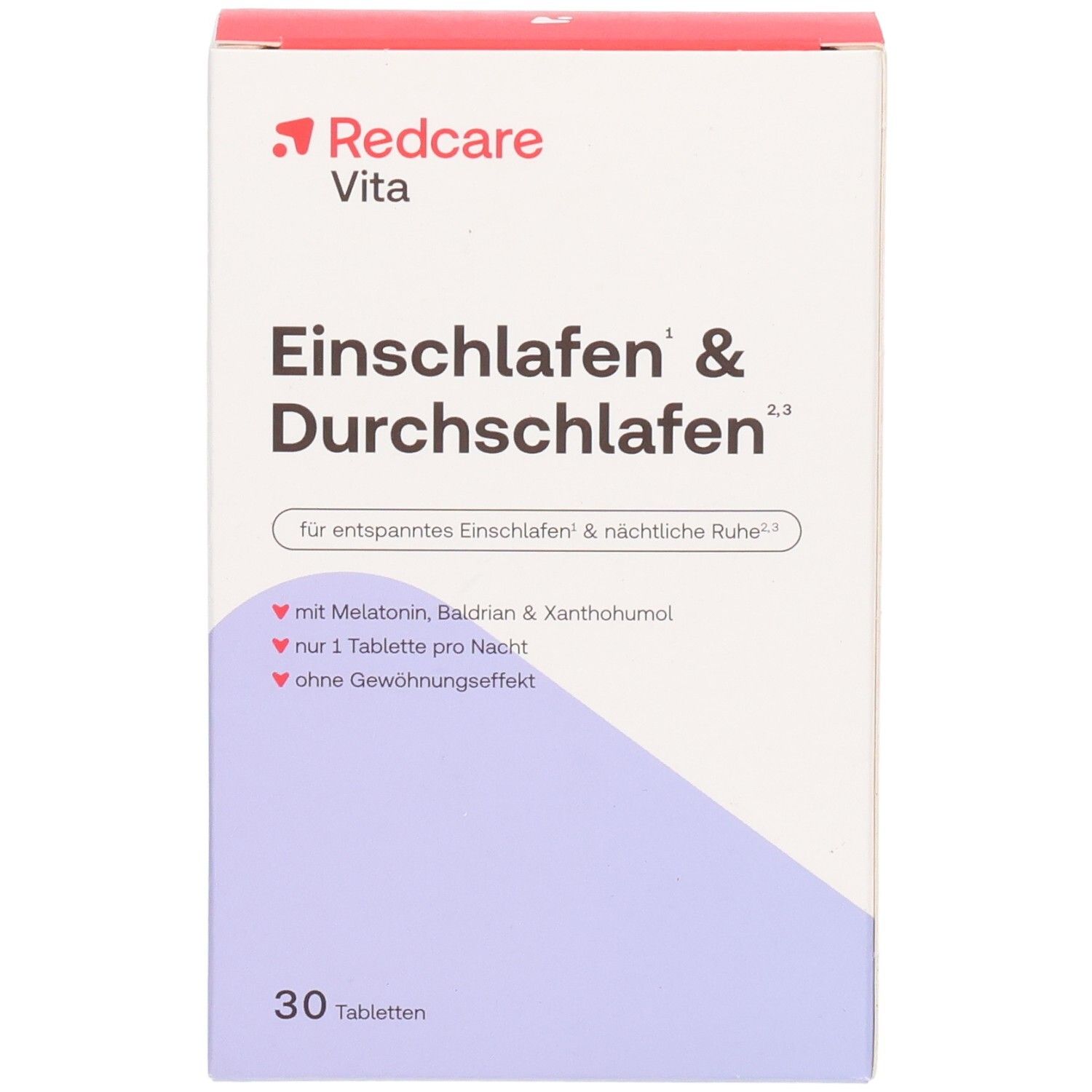 Redcare Vita Einschlafen & Durchschlafen, Packungsvorderseite mit Produktnamen und Hauptvorteilen.