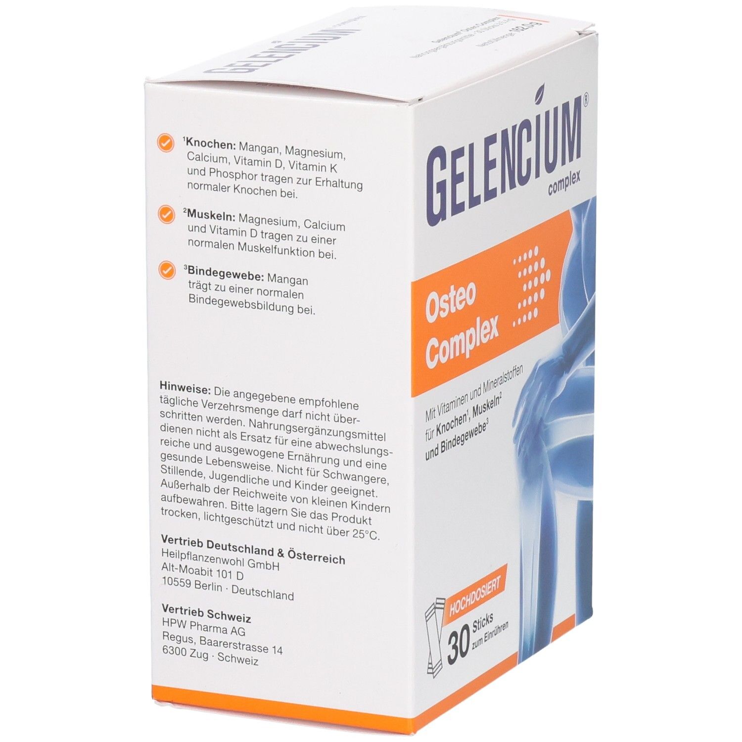 GELENCIUM® complex Osteo Complex Rückseite mit Hinweisen zu Inhaltsstoffen und Anwendung.