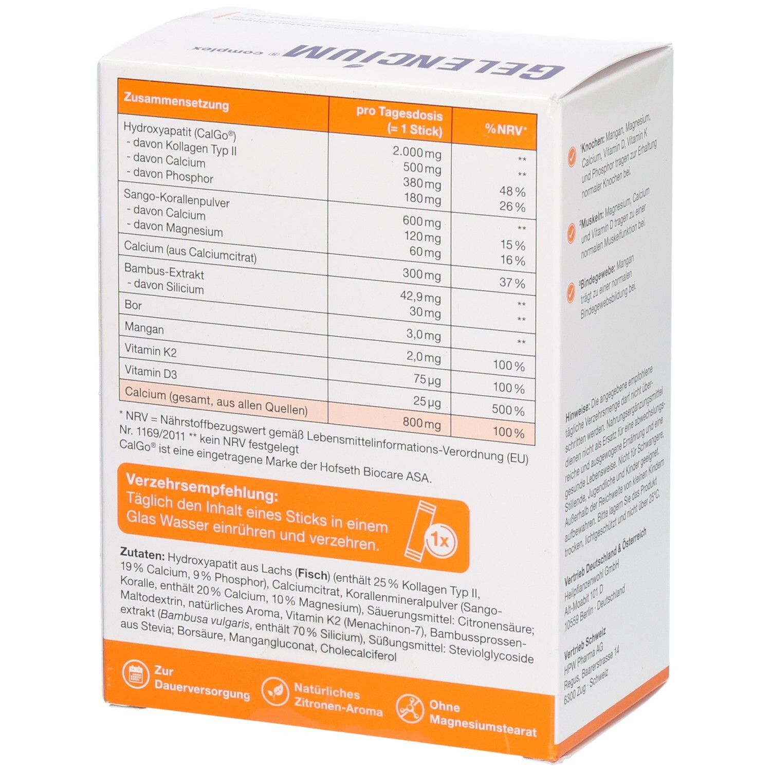 GELENCIUM® complex Osteo Complex Seitenansicht mit Nährwertangaben und Zusammensetzung.