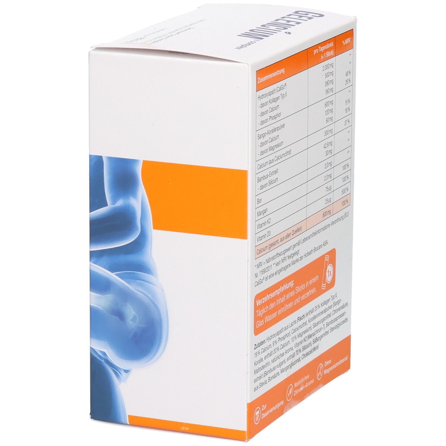 GELENCIUM® complex Osteo Complex Seitenansicht mit Darstellung des menschlichen Skeletts.