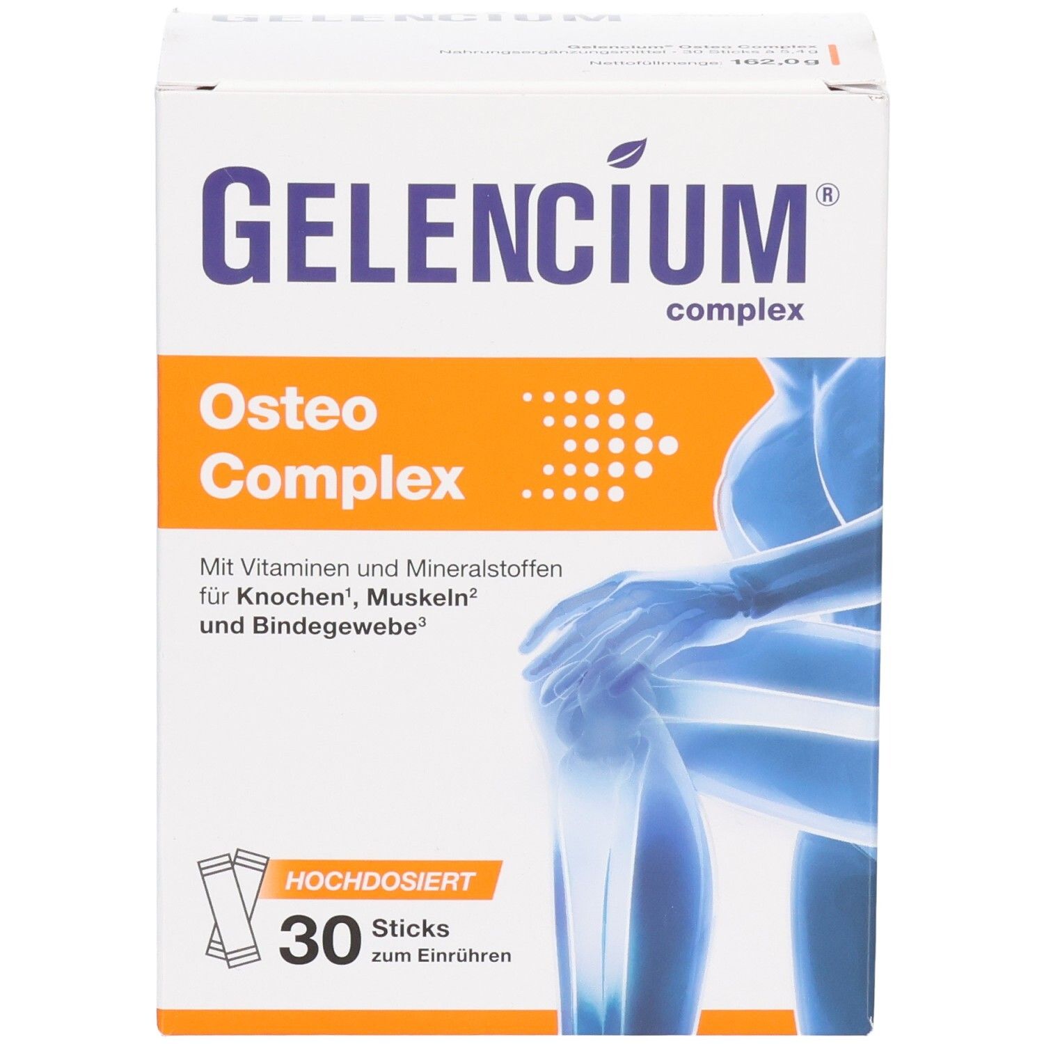 GELENCIUM® complex Osteo Complex Packung mit 30 Sticks, Vorderseite mit Produktnamen.