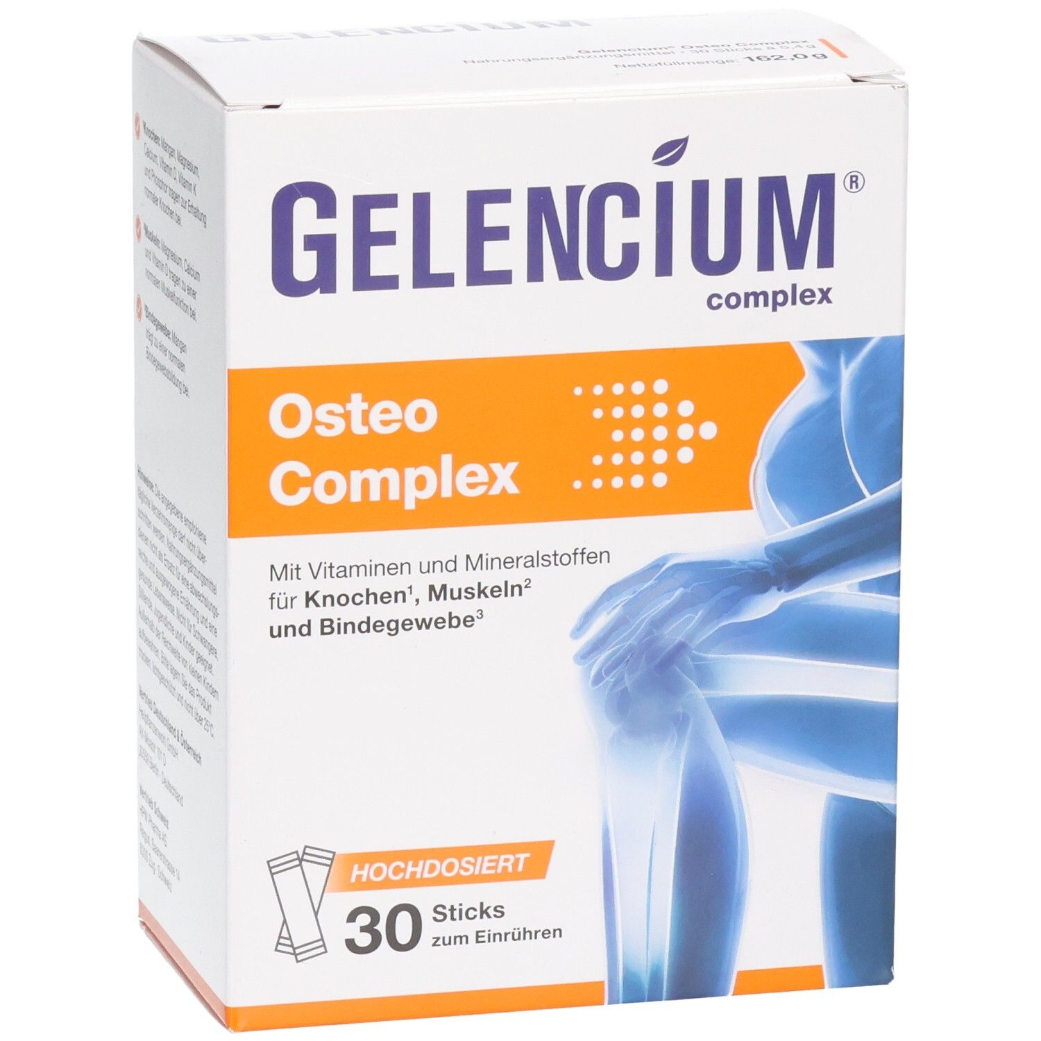 GELENCIUM® complex Osteo Complex Packung mit 30 Sticks, Vorderseite mit grafischer Darstellung.