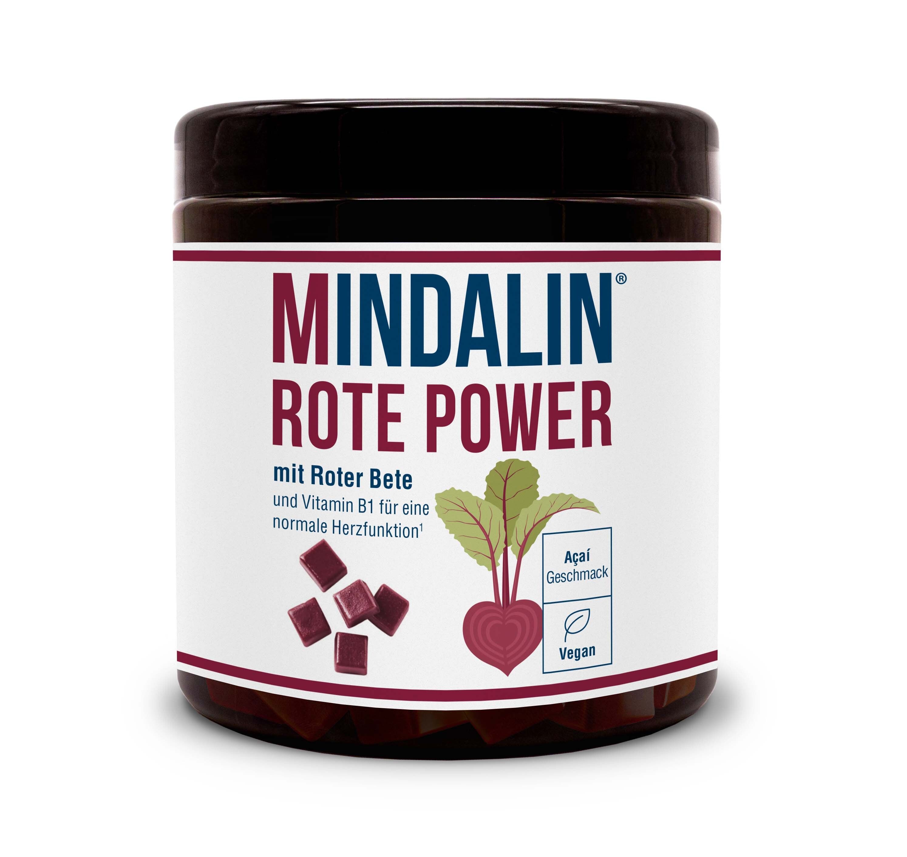 Braune Dose mit weißem Etikett. Aufschrift: MINDALIN ROTE POWER. Abbildung von Rote Bete und Kautabletten.