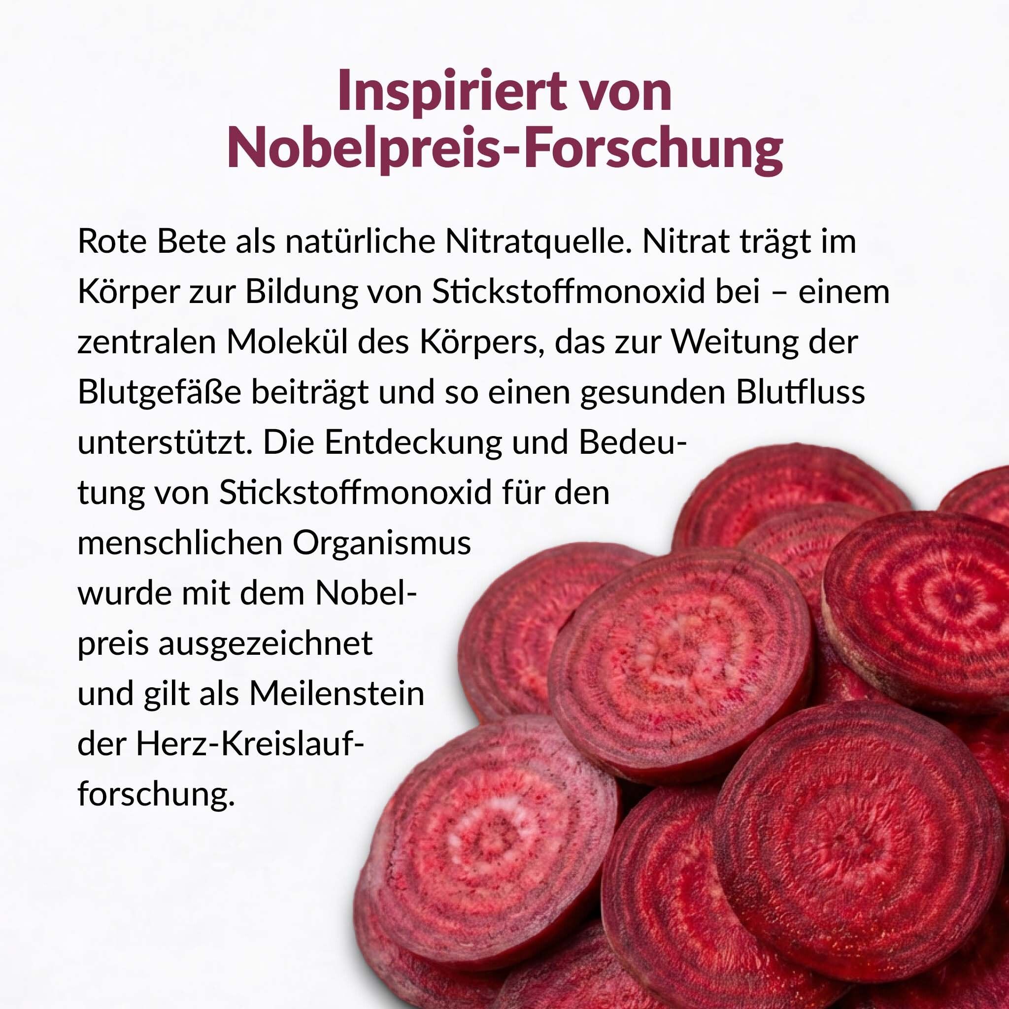 Rote Bete Scheiben. Text: Inspiriert von Nobelpreis-Forschung. Informationen über die Wirkung von Nitrat.