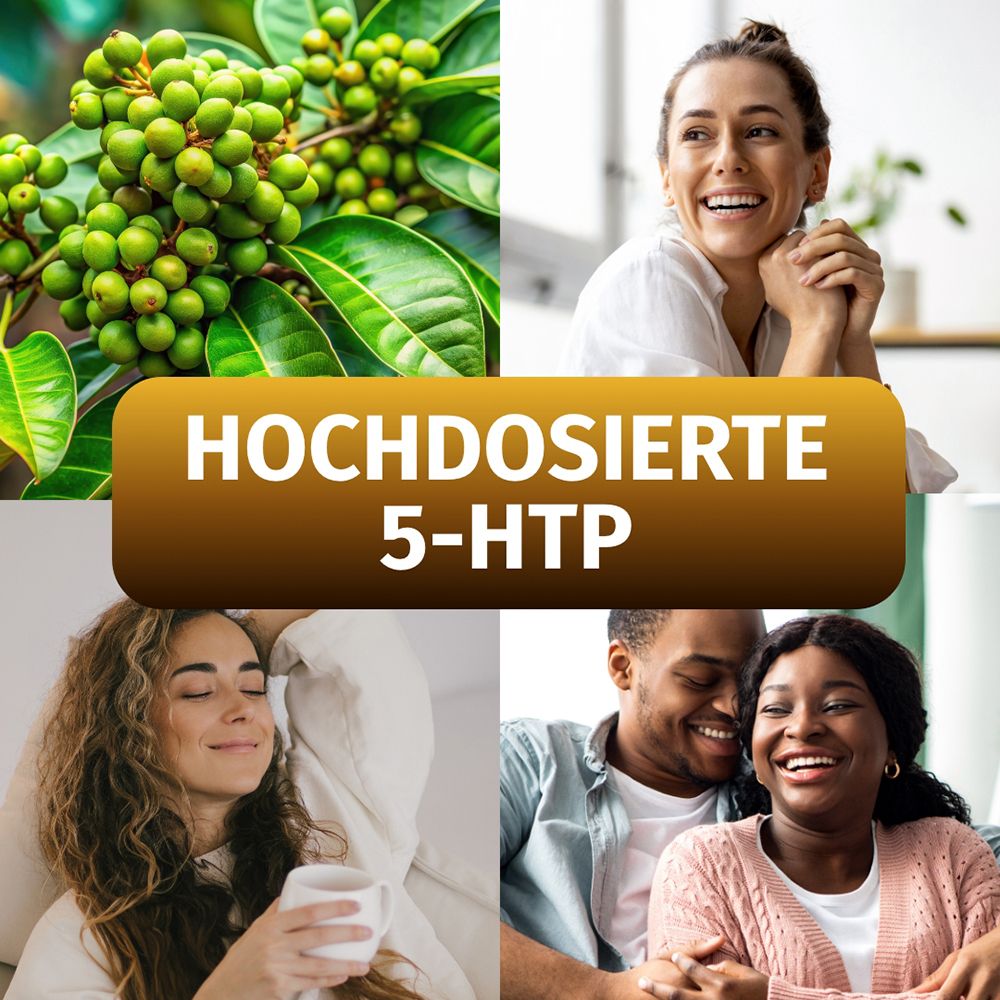 Collage: Griffonia-Beeren, lächelnde Frauen, 5-HTP Kapseln, glückliches Paar.